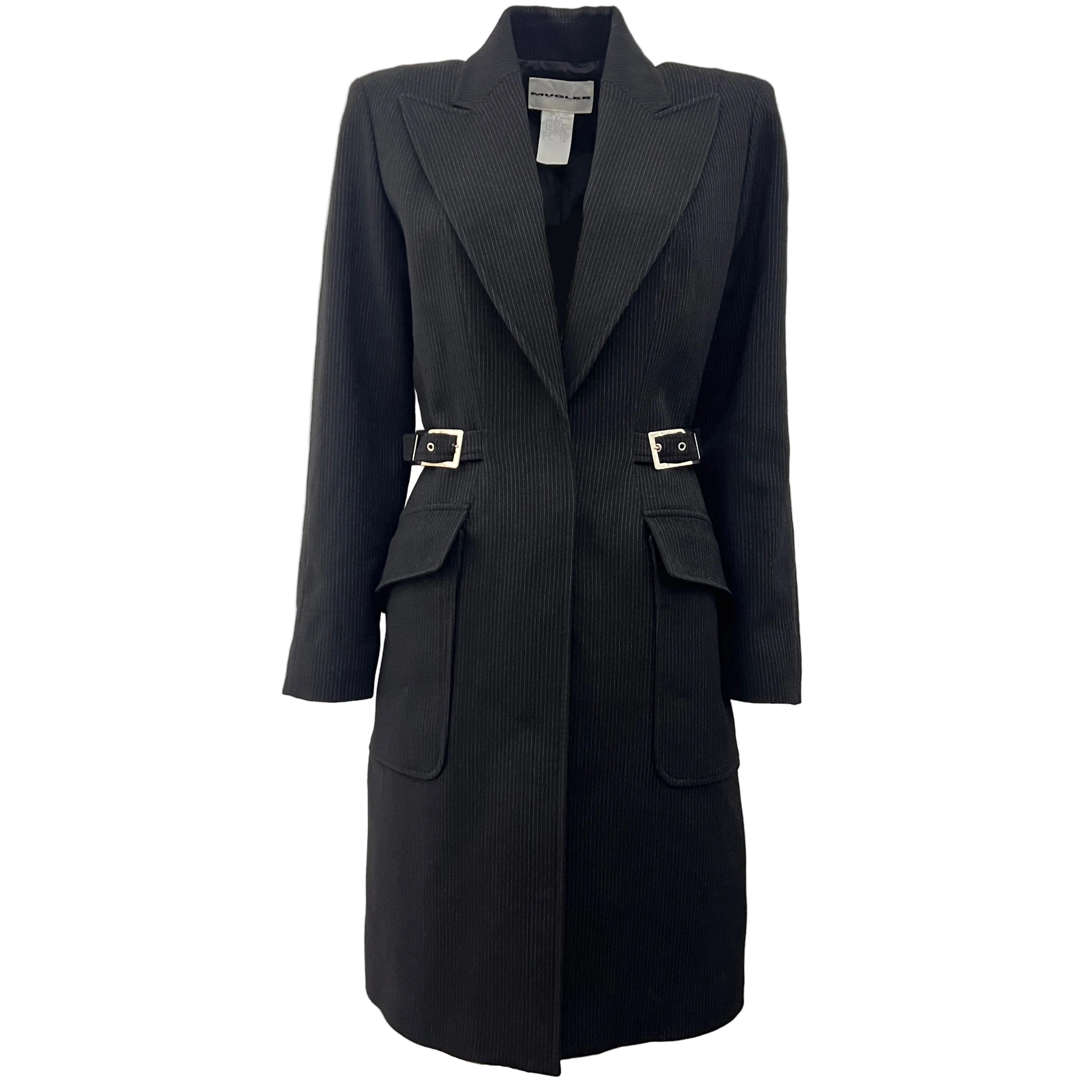 Manteau Mugler vintage circa 1995 en laine noire à fines rayures