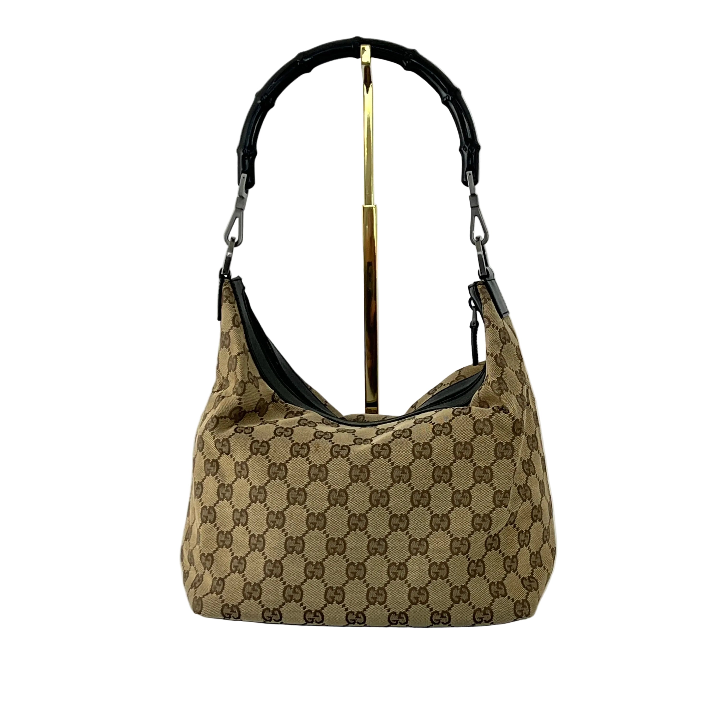 Sac à main GUCCI Hobo Bamboo toile et cuir marron