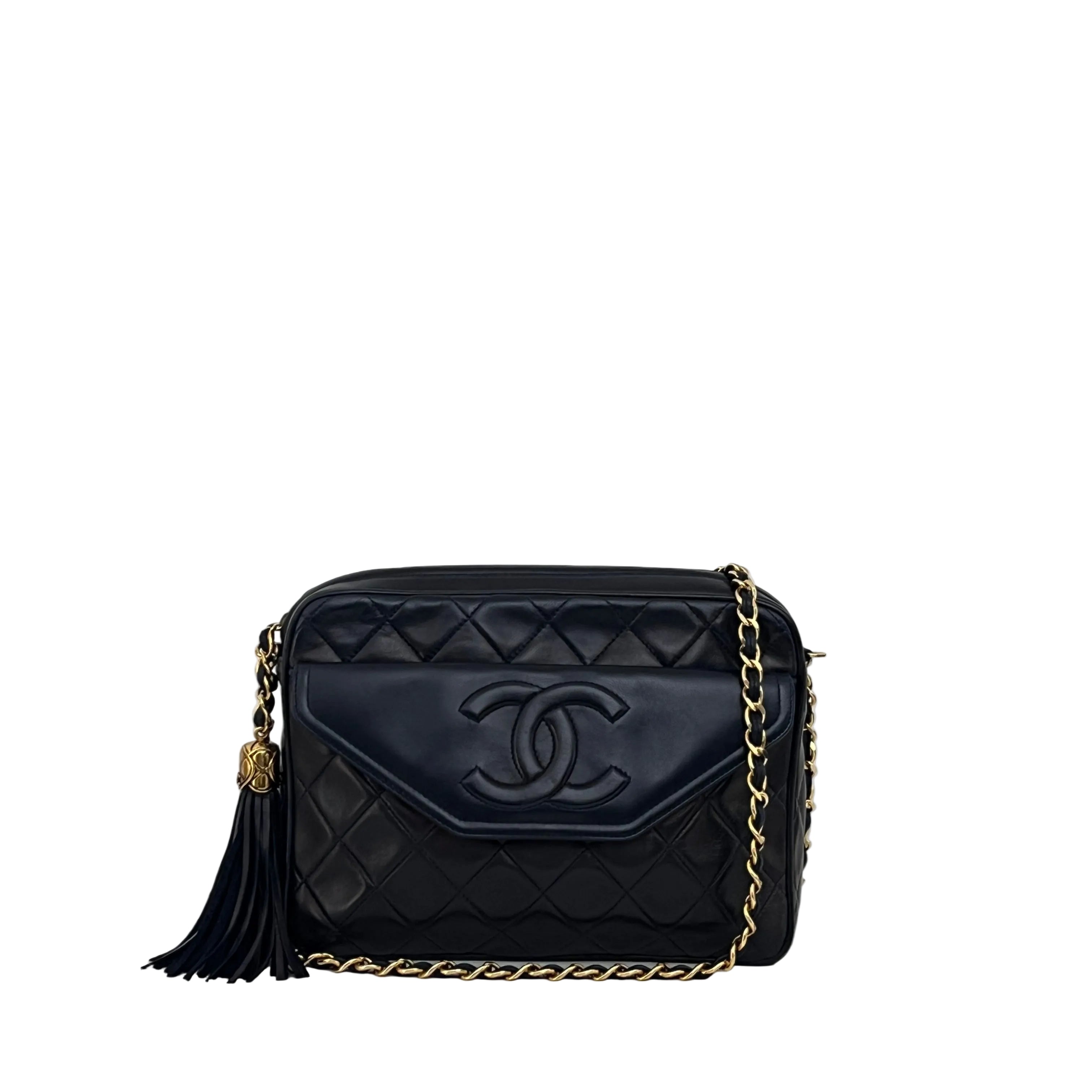 Sac à bandoulière CHANEL Camera Bag cuir d'agneau bleu marine vintage 1989-1991