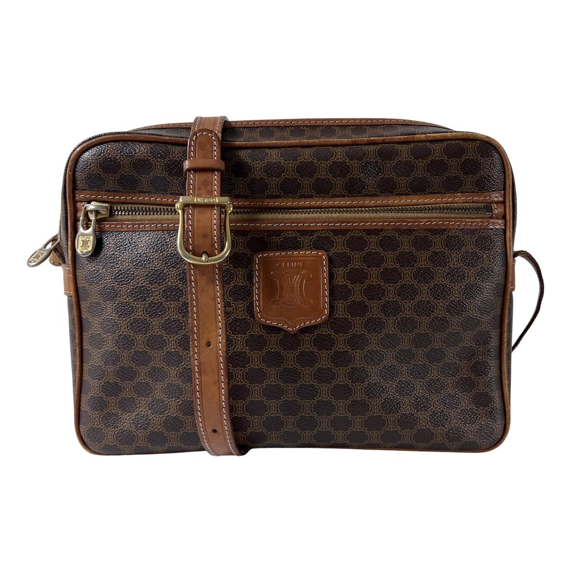 Sac à main CELINE Camera Strap toile et cuir marron