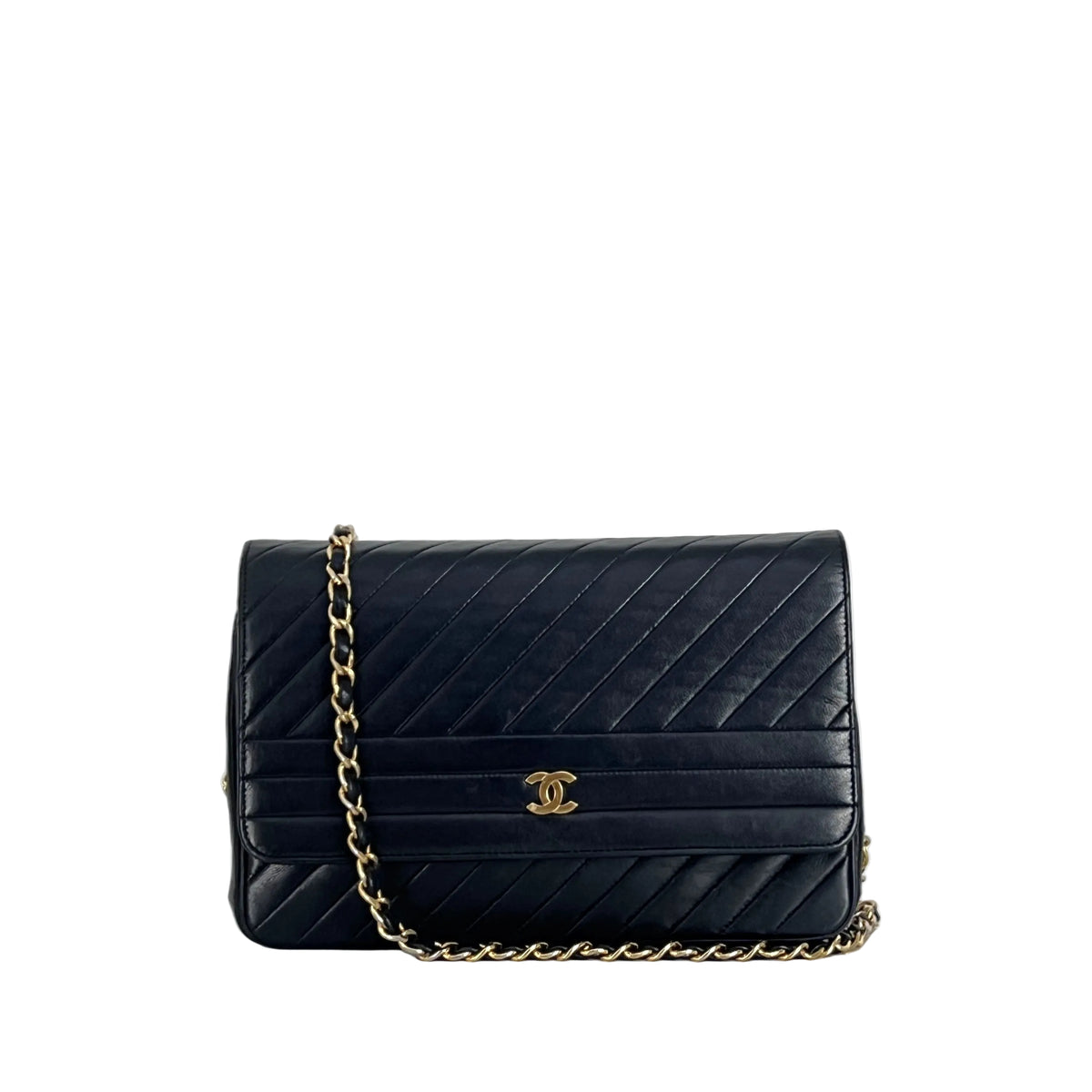 Sac à bandoulière CHANEL Chevron Single Flap cuir d'agneau noir vintage 1991-1994