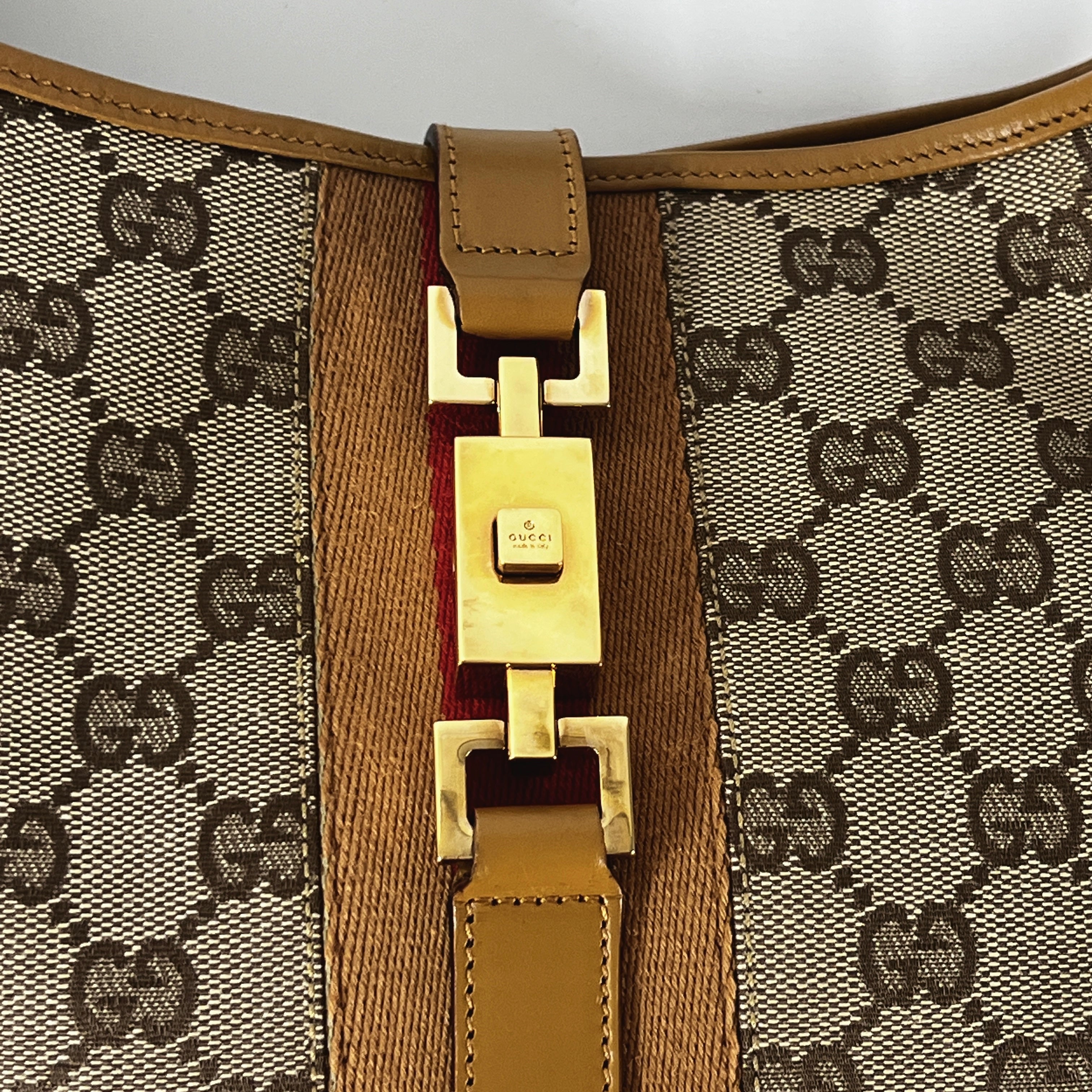 GUCCI Jackie canvas and beige leather handbag