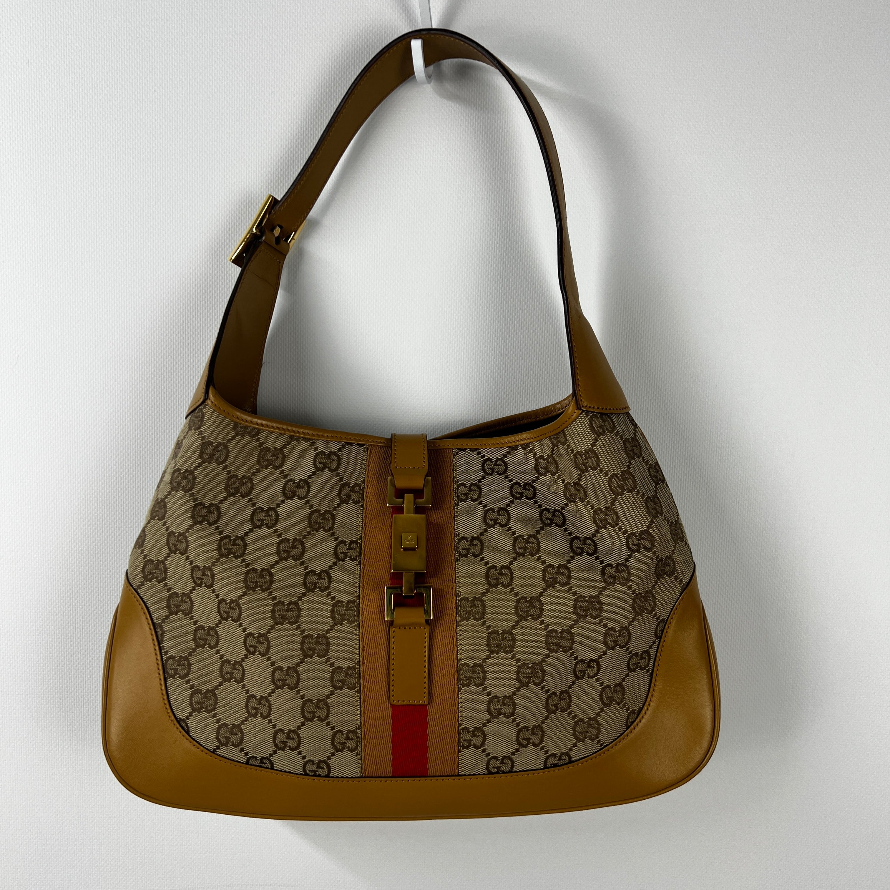 GUCCI Jackie canvas and beige leather handbag