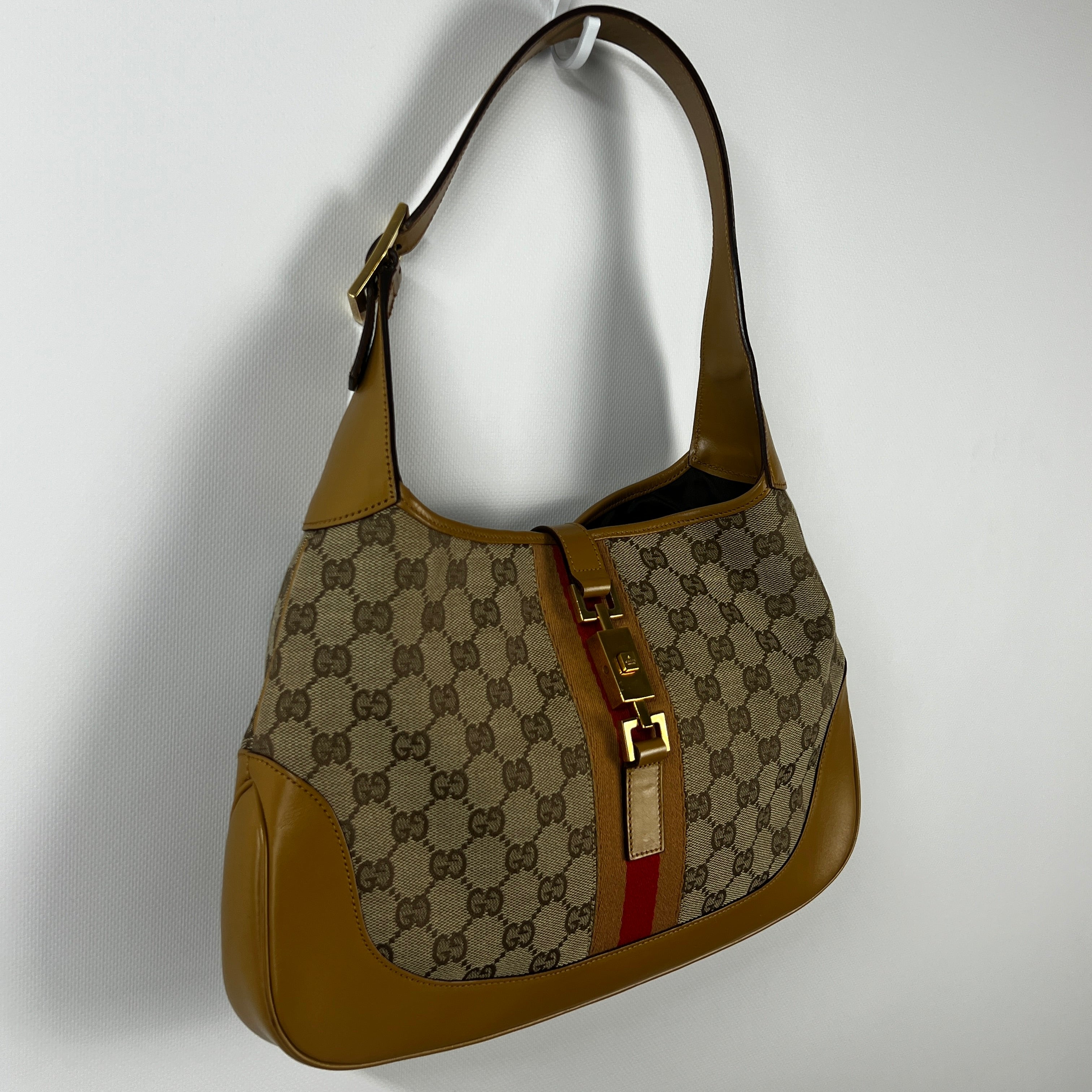 GUCCI Jackie canvas and beige leather handbag