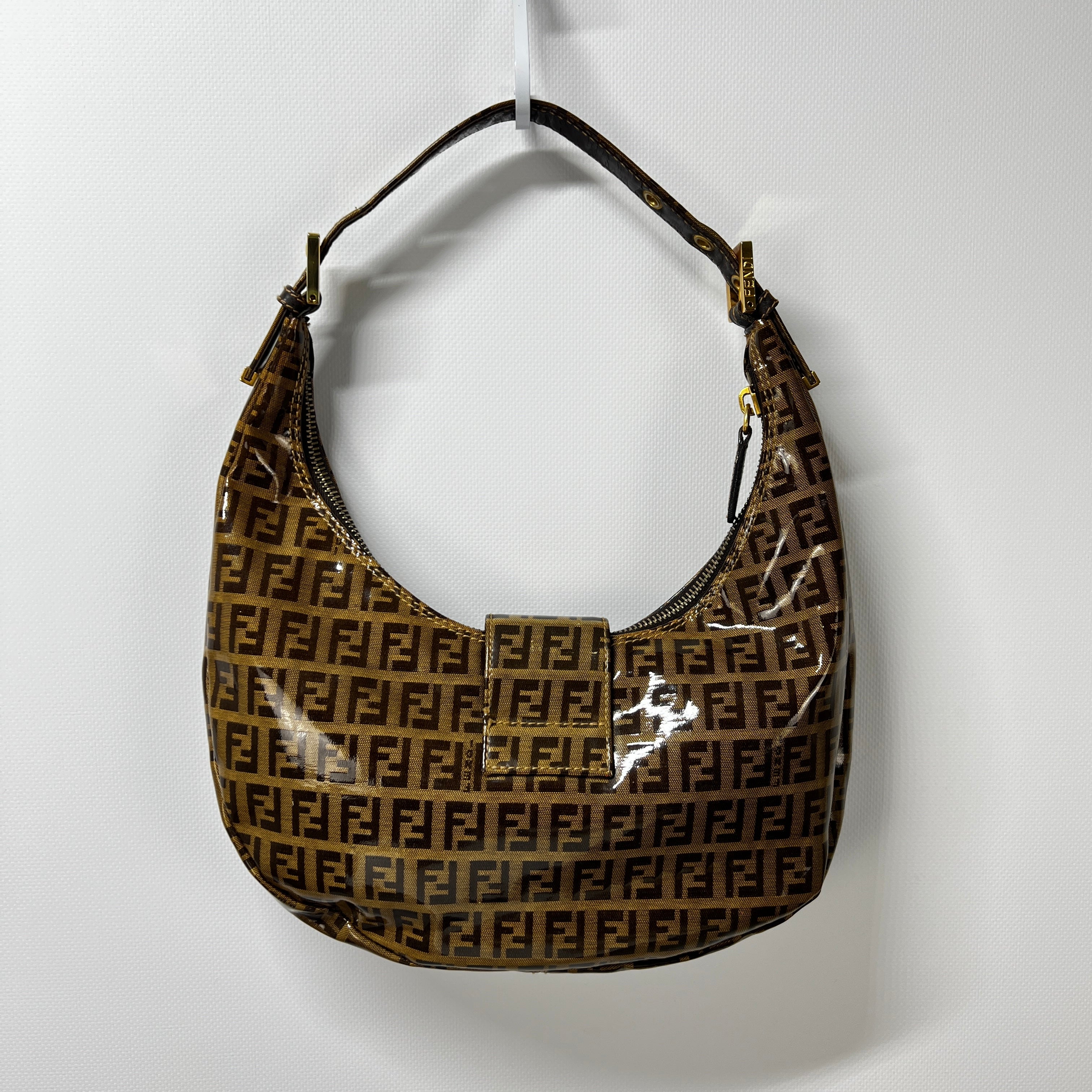 FENDI Croissant handbag in brown patent leather