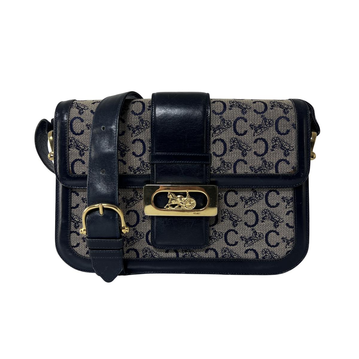 CELINE Triomphe canvas and navy leather handbag