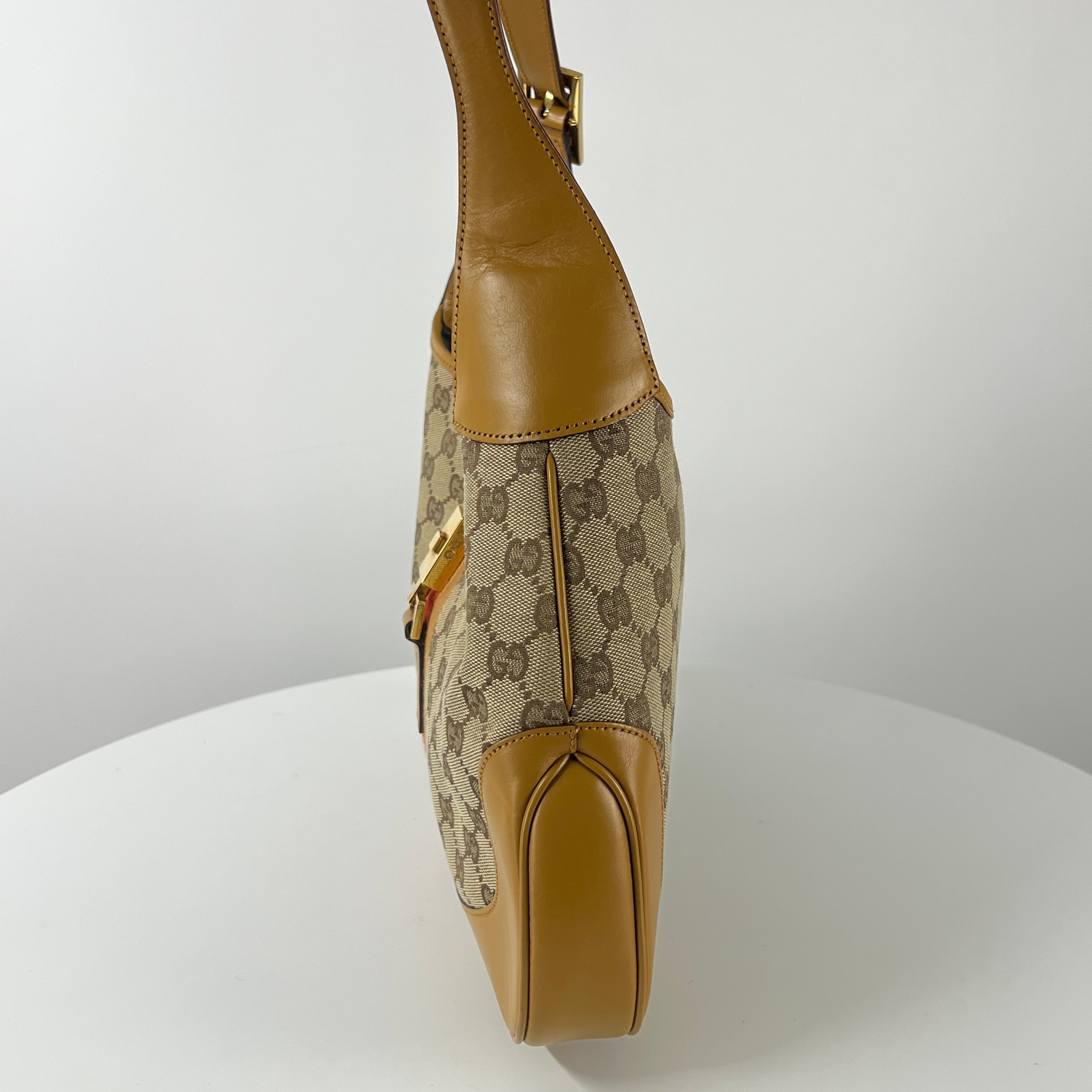 GUCCI Jackie canvas and beige leather handbag