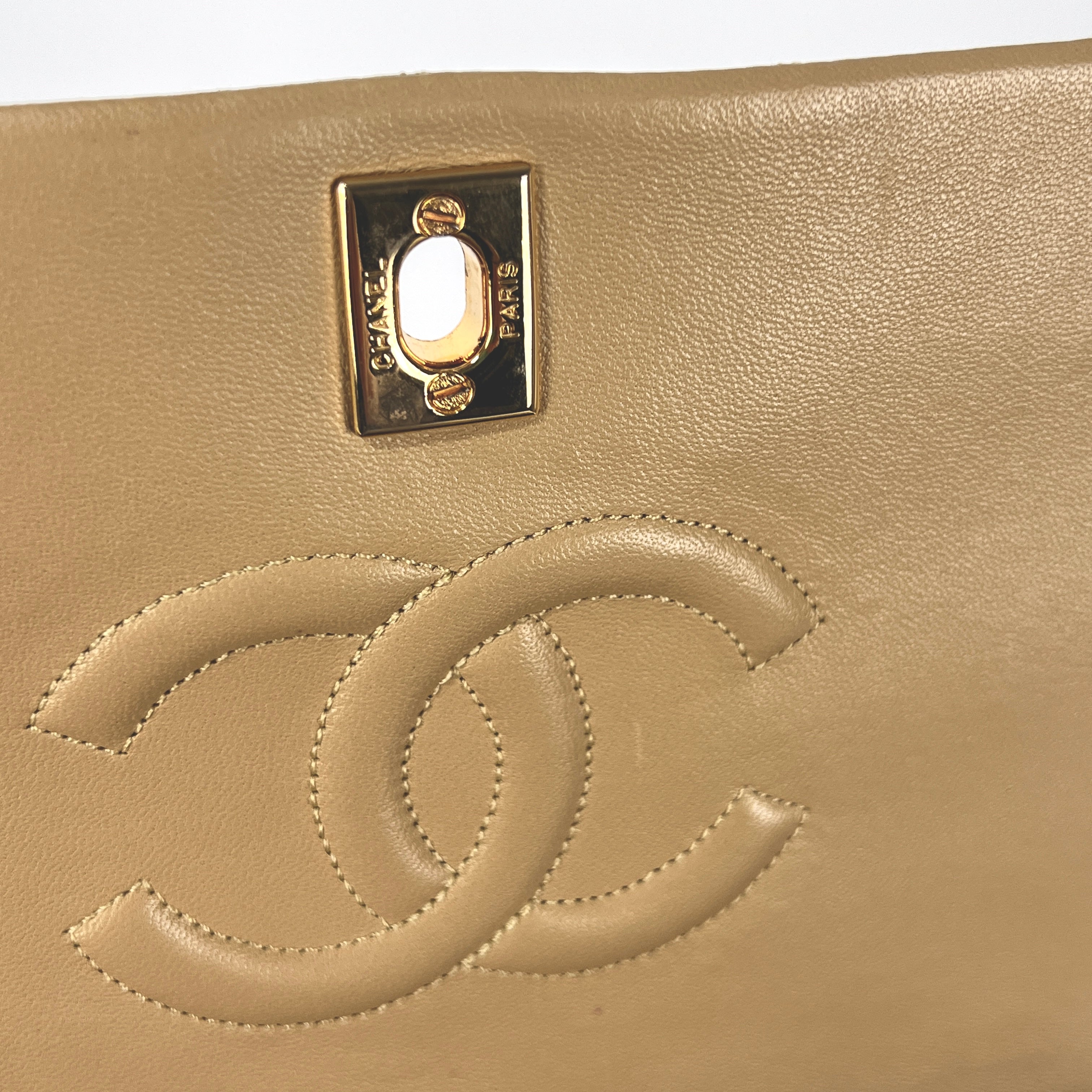 CHANEL Timeless classic quilted single flap beige leather handbag