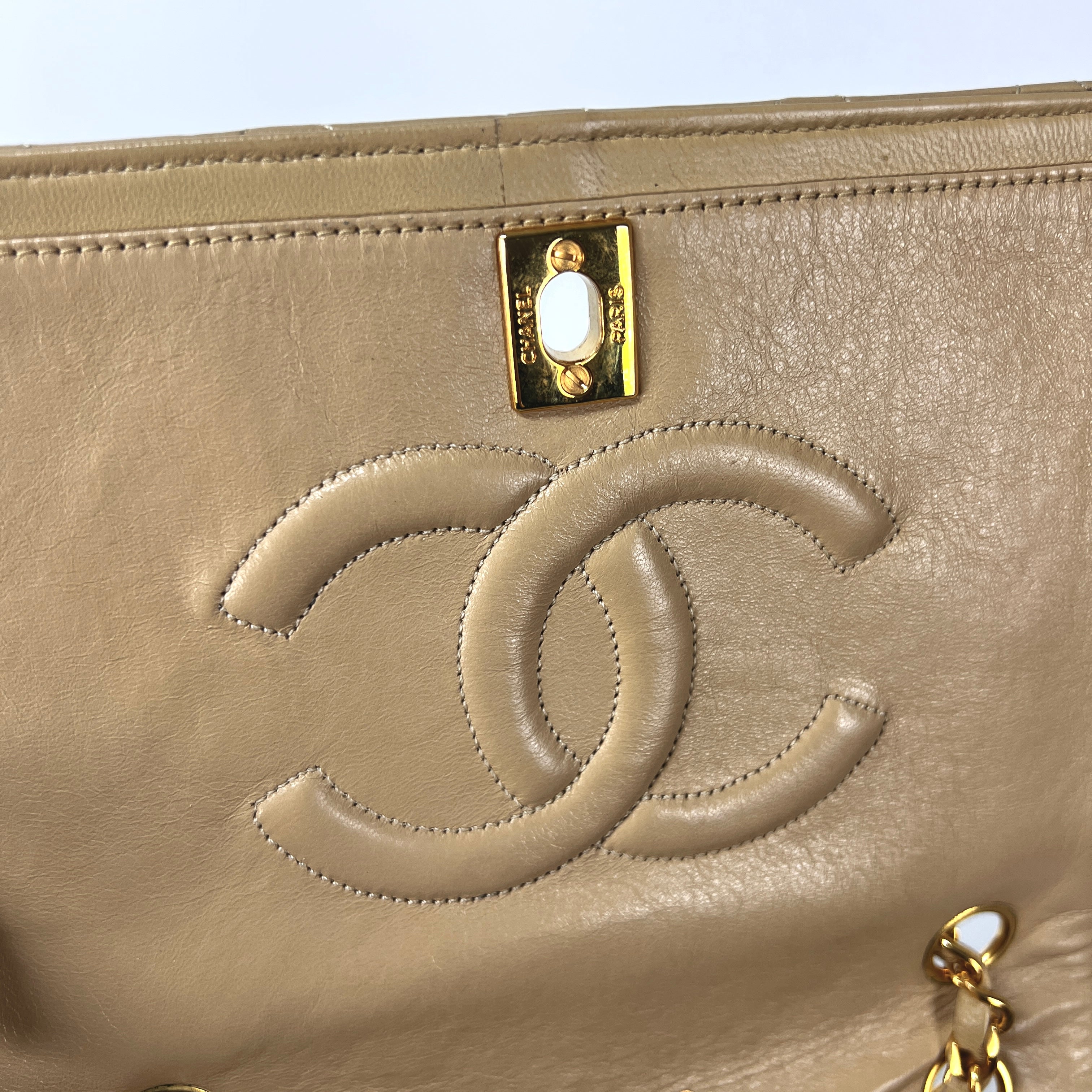 CHANEL Timeless classic quilted single flap beige leather handbag