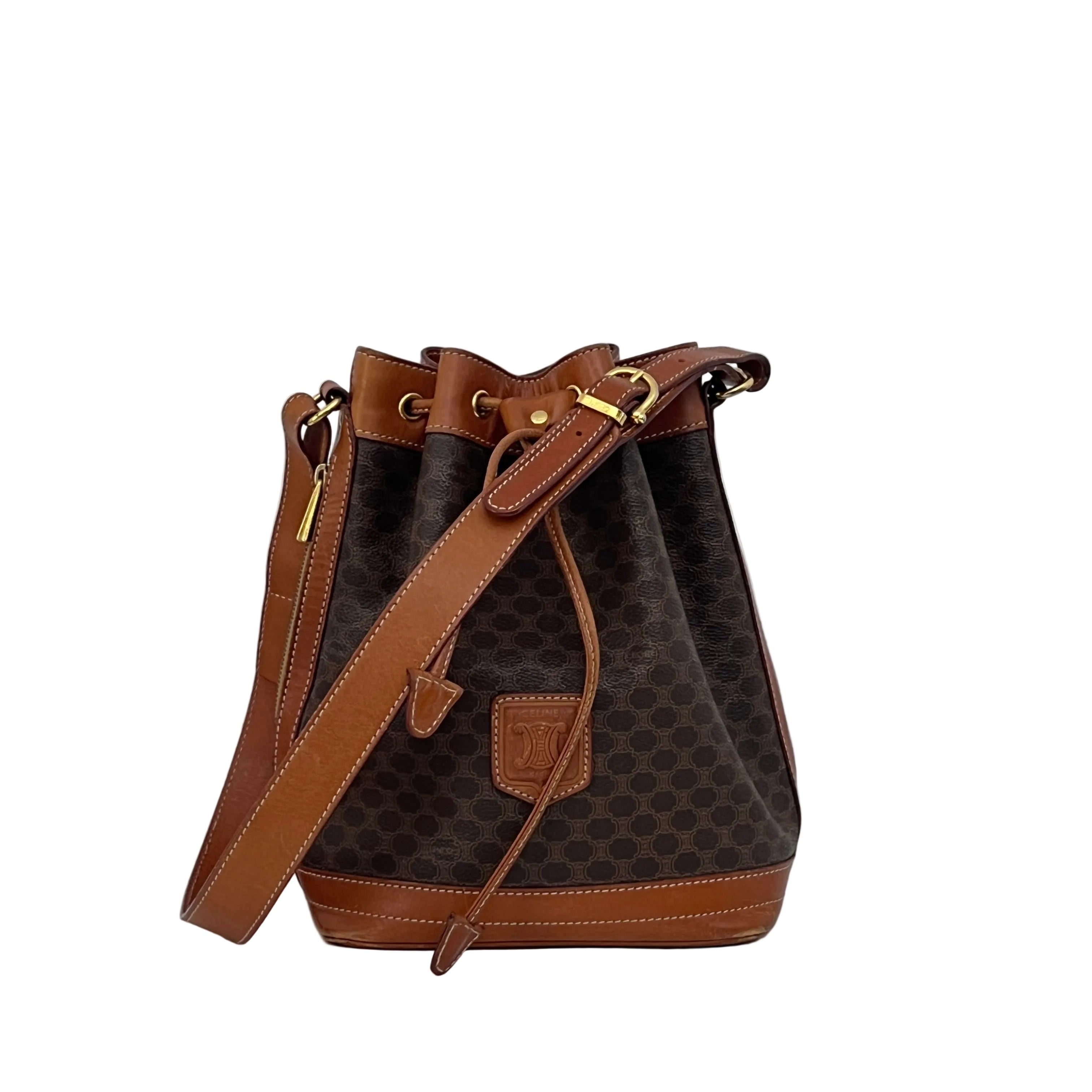 CELINE Small Bucket Shoulder Bag in Brown Canvas and Leather