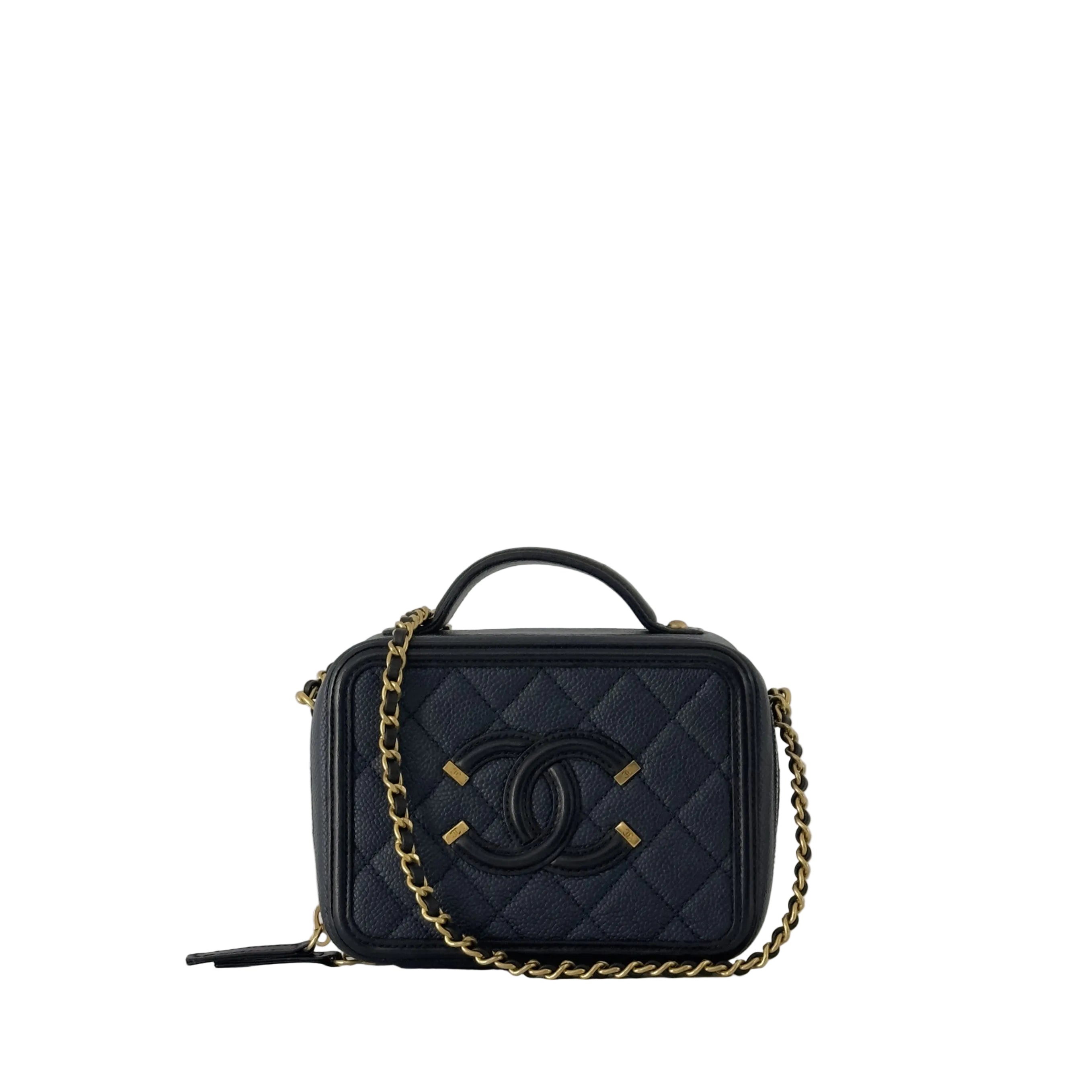 Sac à main CHANEL Filigree Vanity Case cuir caviar bleu nuit
