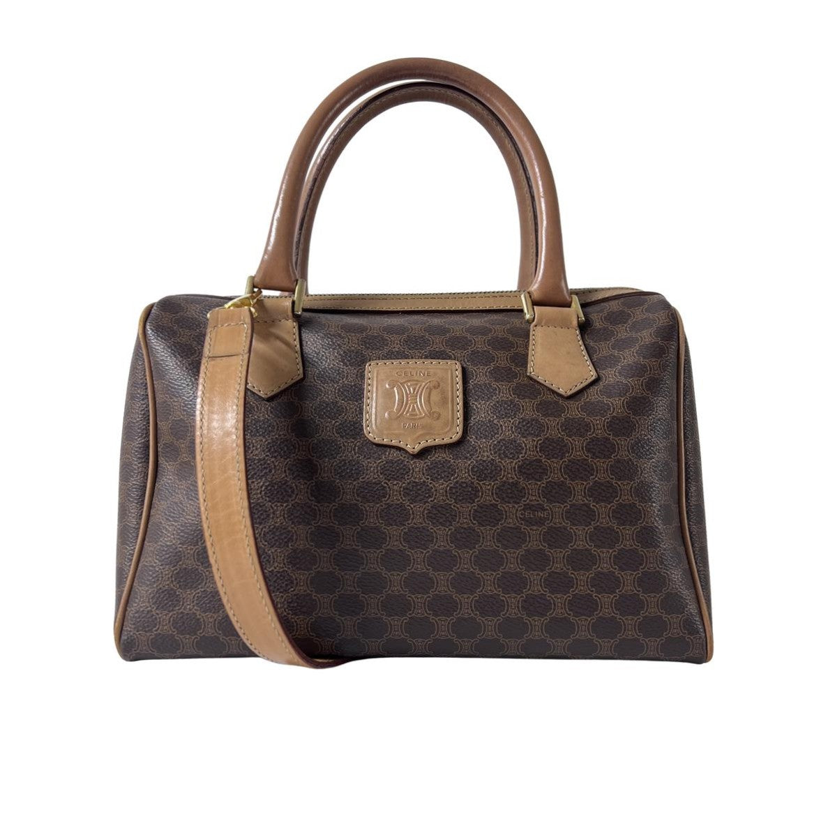 CELINE Boston Strap handbag in brown canvas and leather