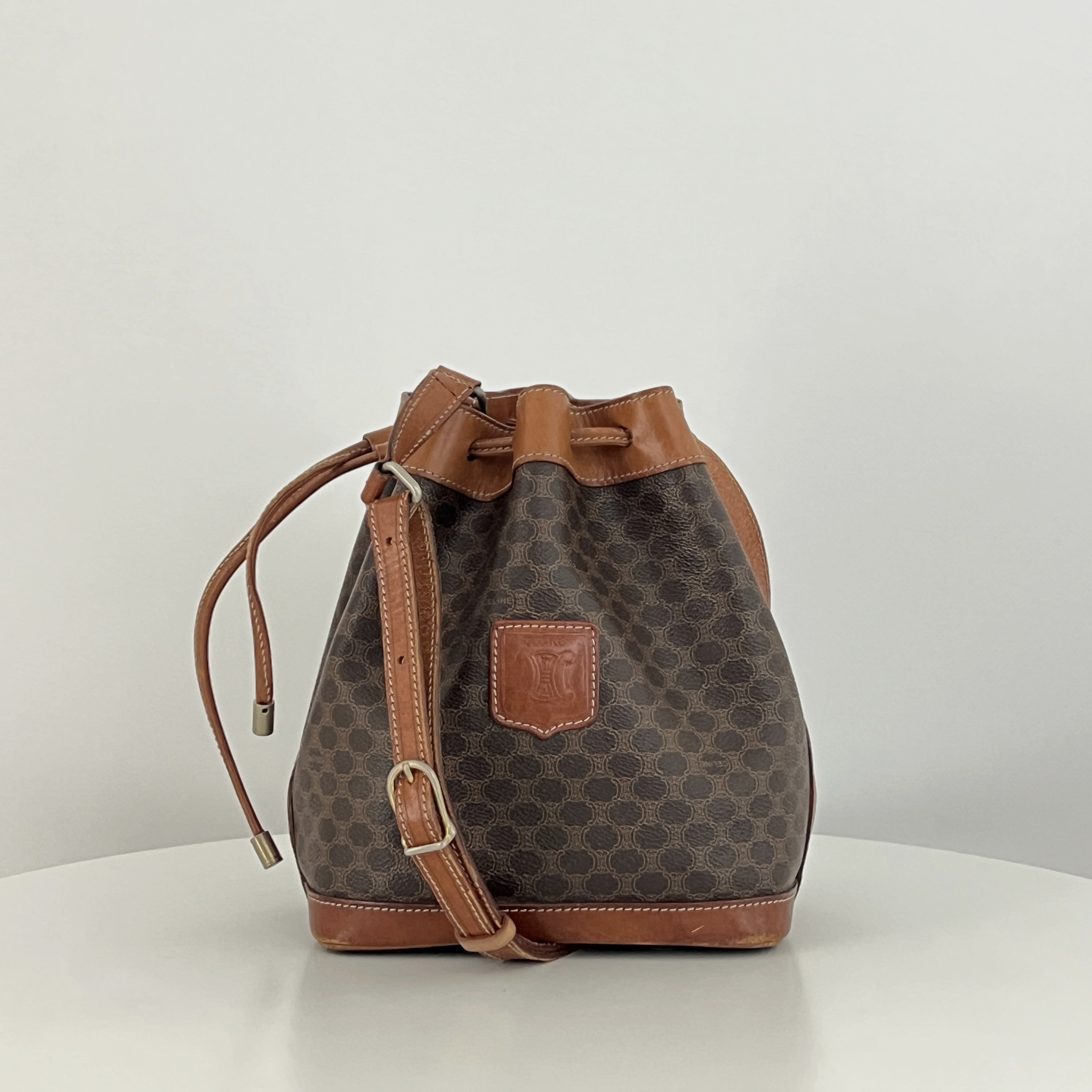 CELINE Mini Bucket Handbag in brown canvas and leather