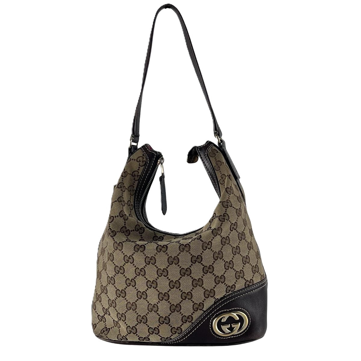 GUCCI Hobo GG canvas and brown leather handbag