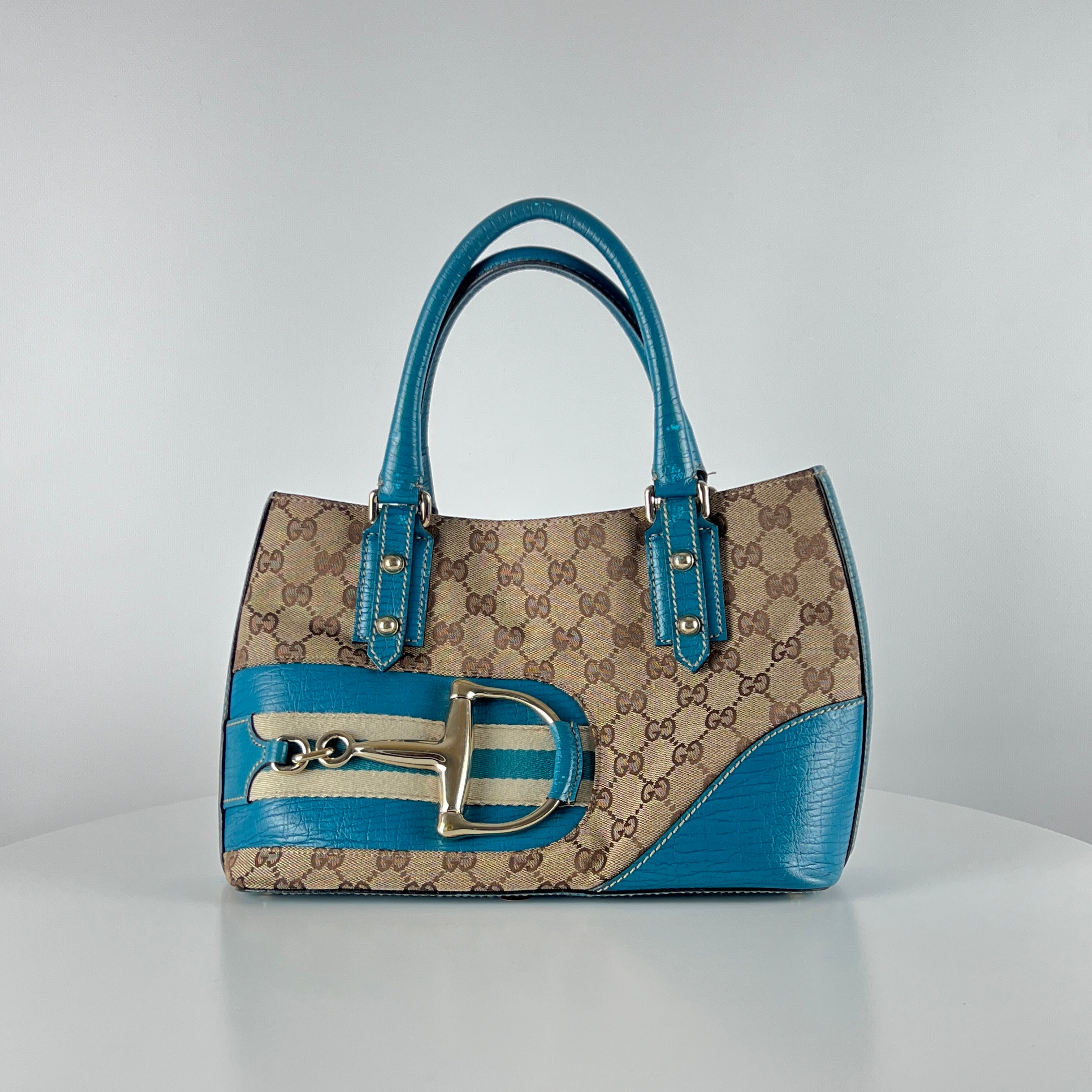 Sac à main GUCCI Horsebit toile et cuir bleu