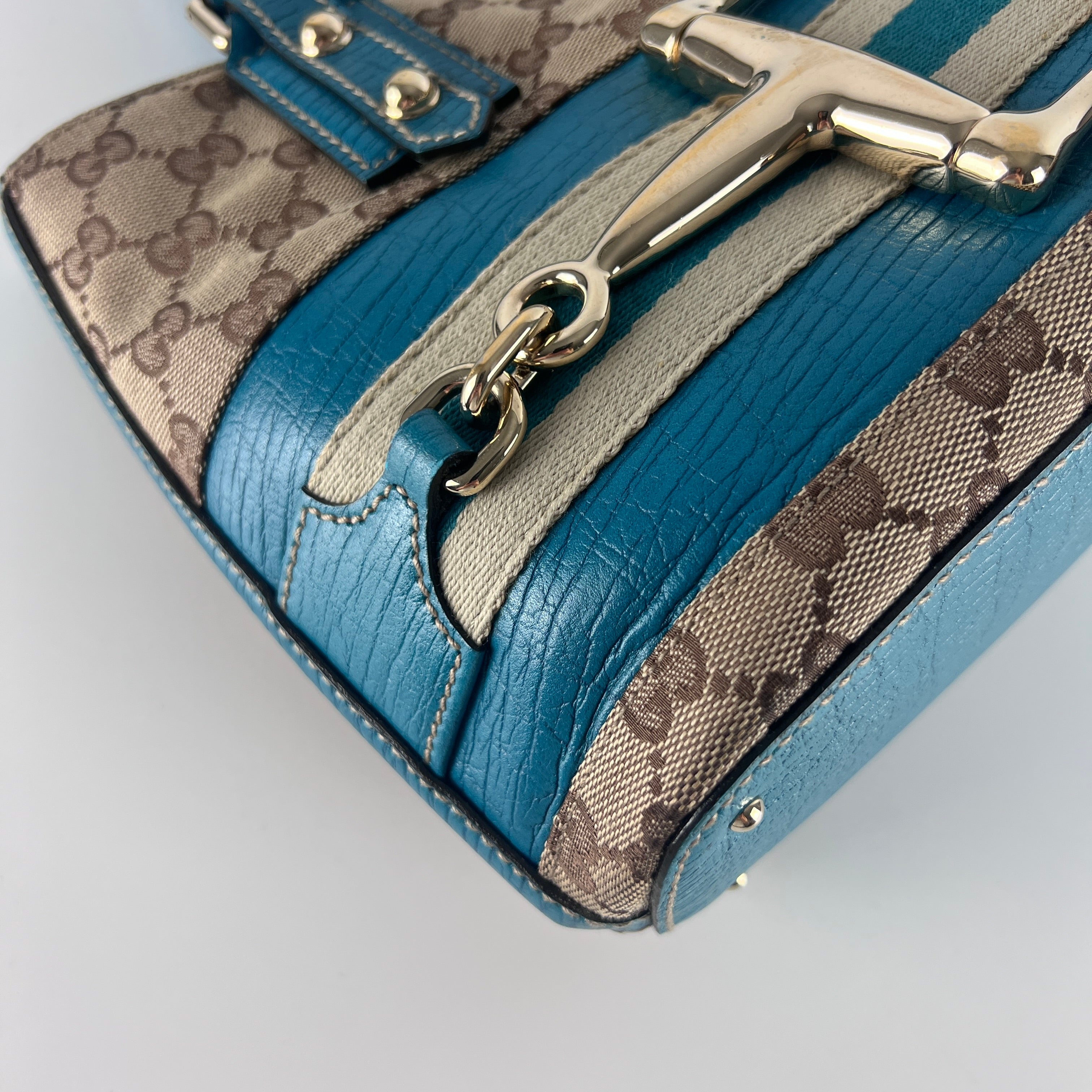 Sac à main GUCCI Horsebit toile et cuir bleu