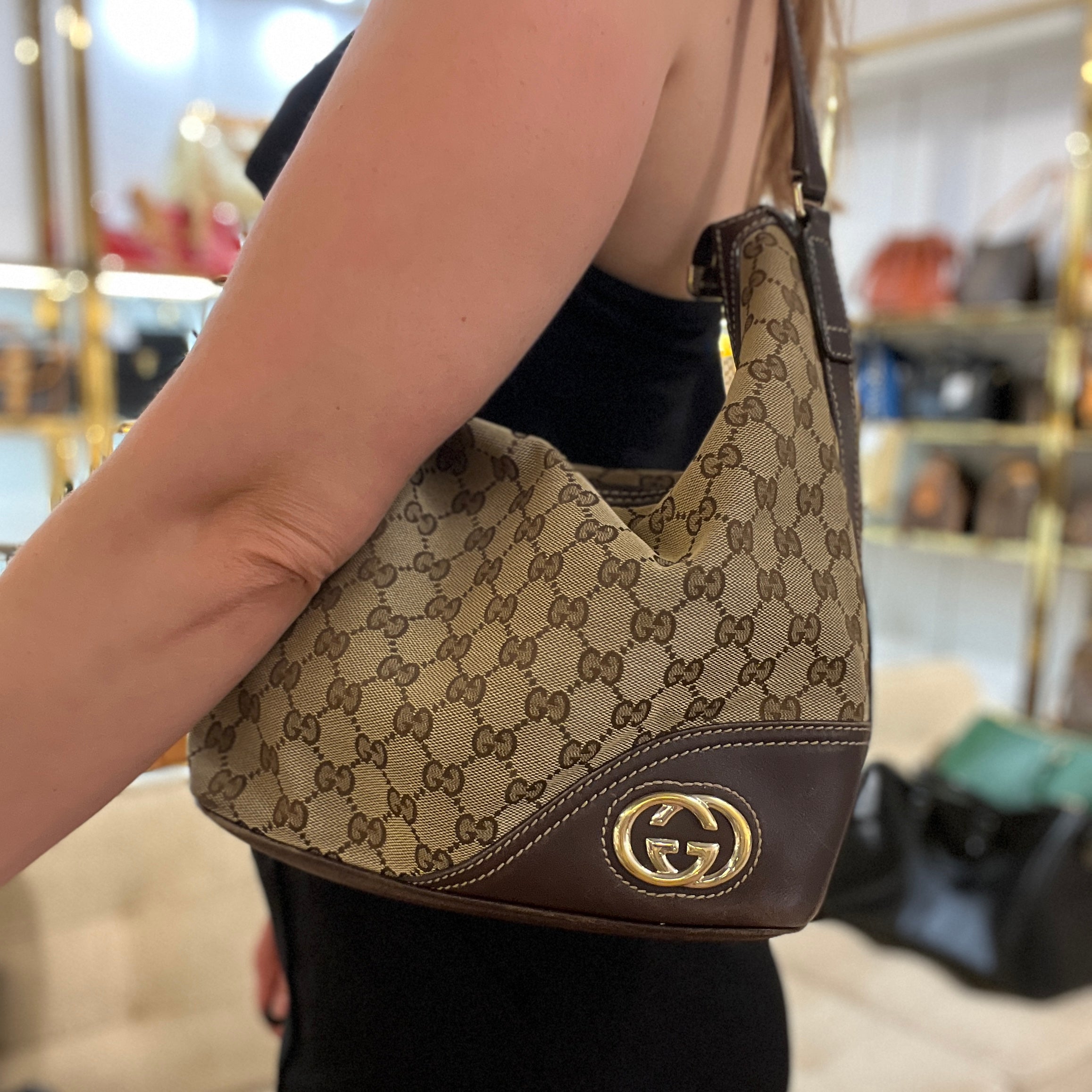 GUCCI Hobo GG canvas and brown leather handbag