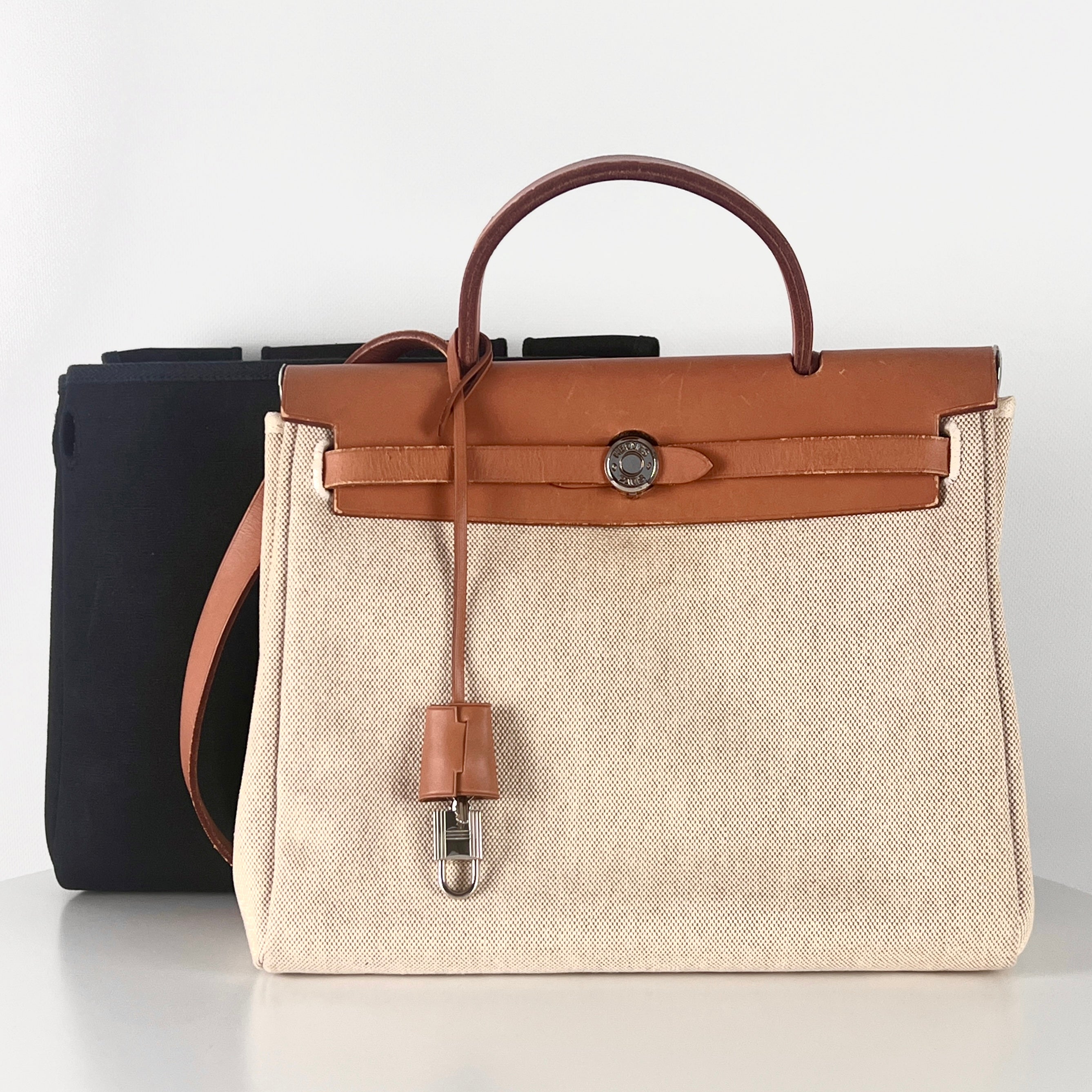 Sac à main HERMES Herbag toile et cuir marron