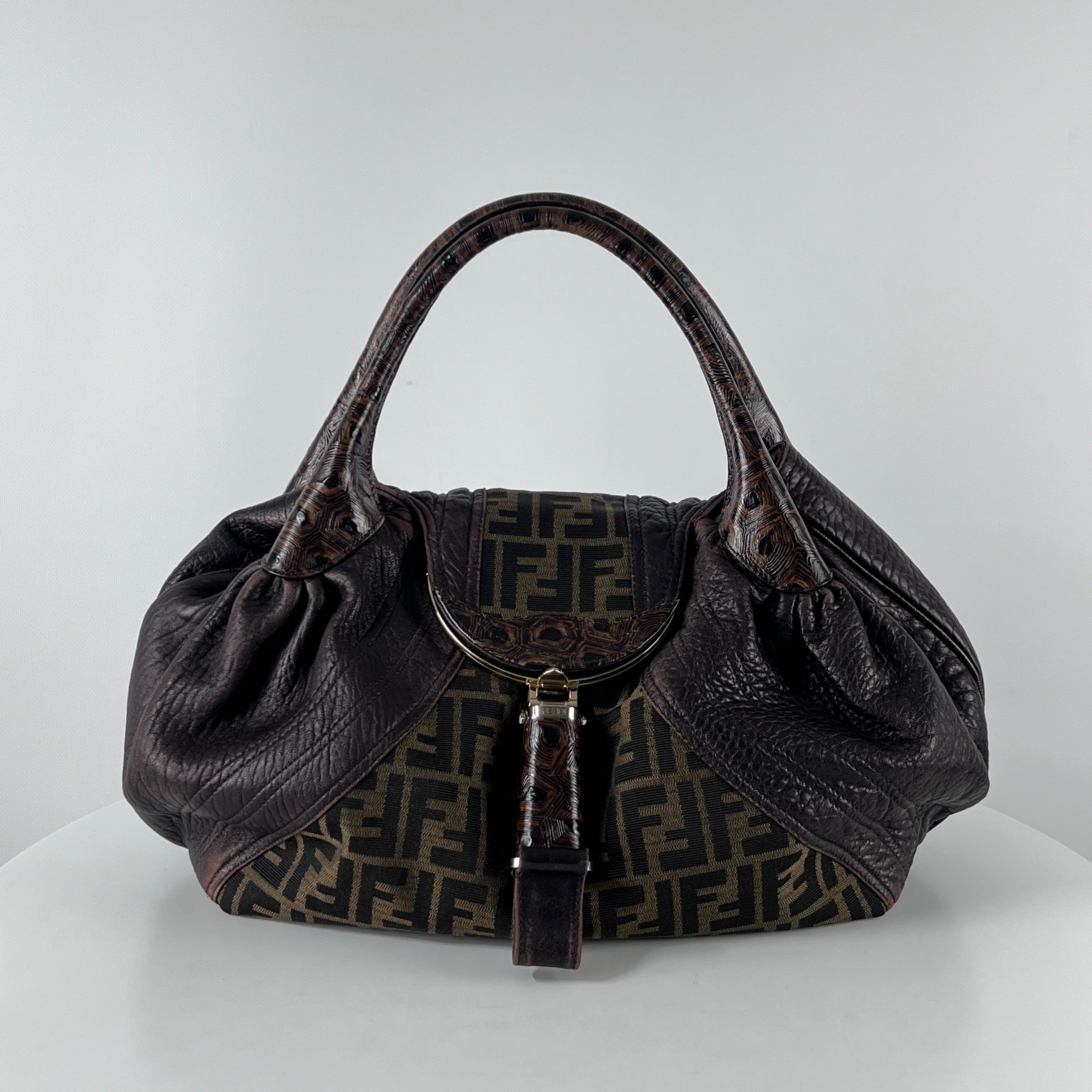 Sac à main FENDI Zucca Spy toile et cuir marron