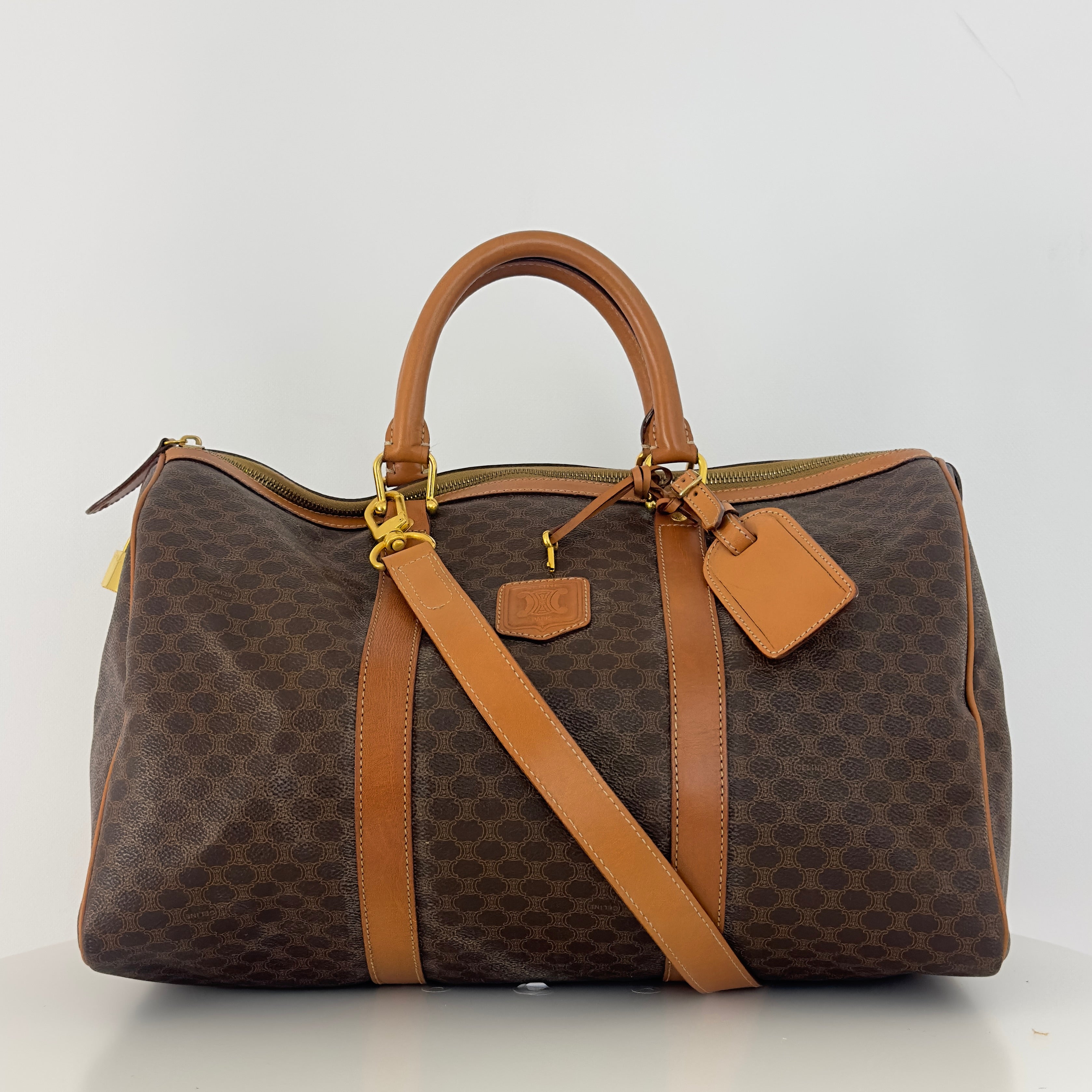 CELINE Boston canvas and brown leather handbag