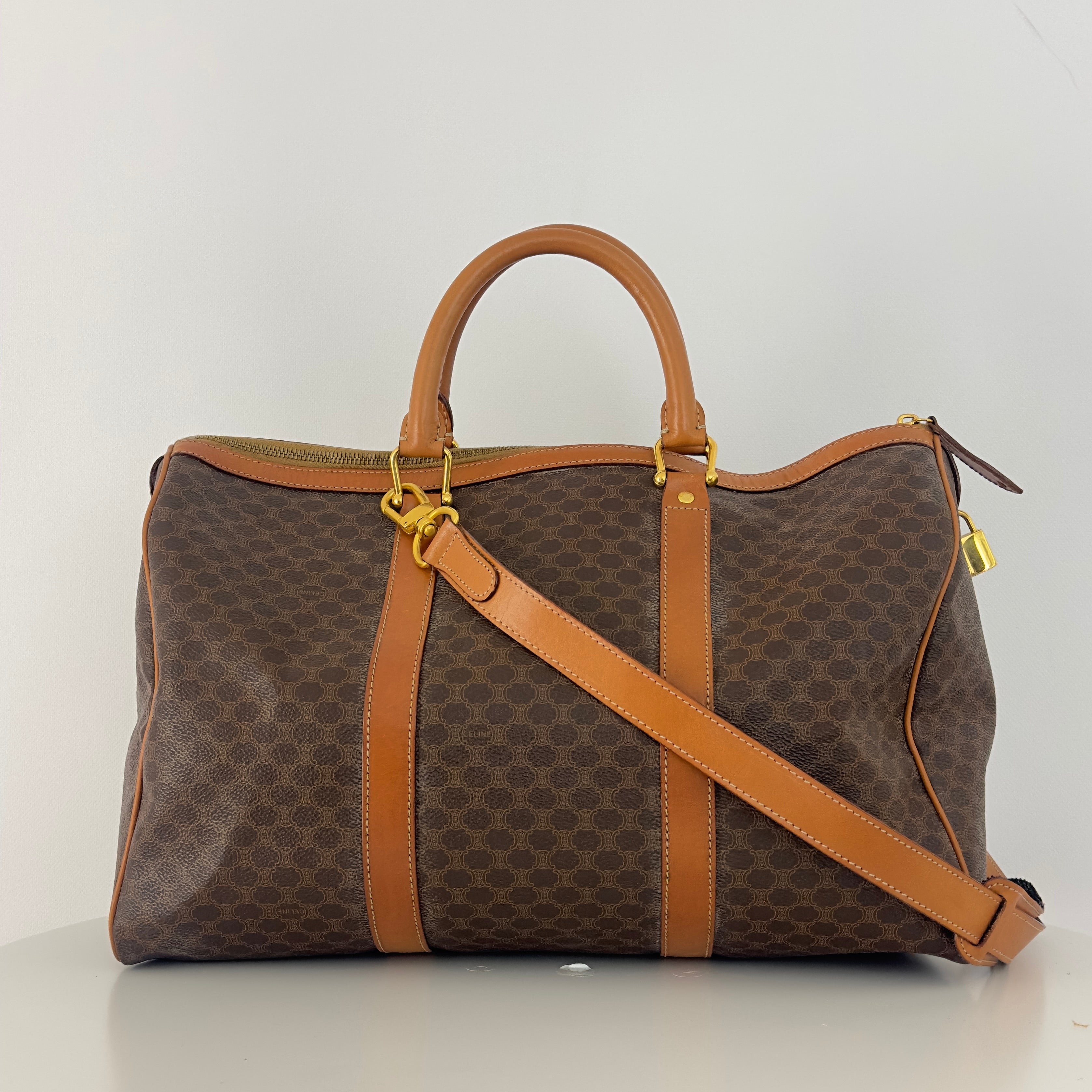 CELINE Boston canvas and brown leather handbag