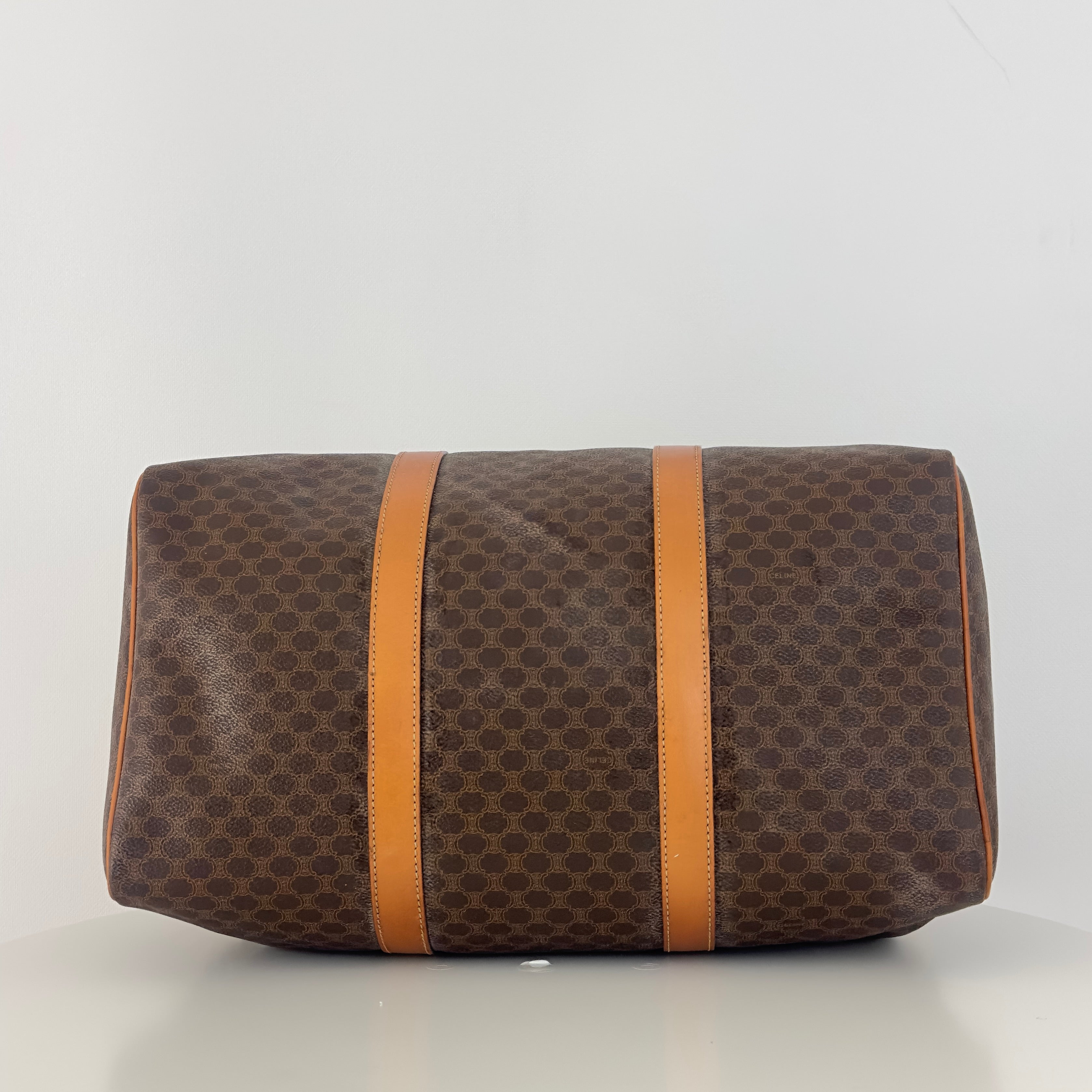 CELINE Boston canvas and brown leather handbag