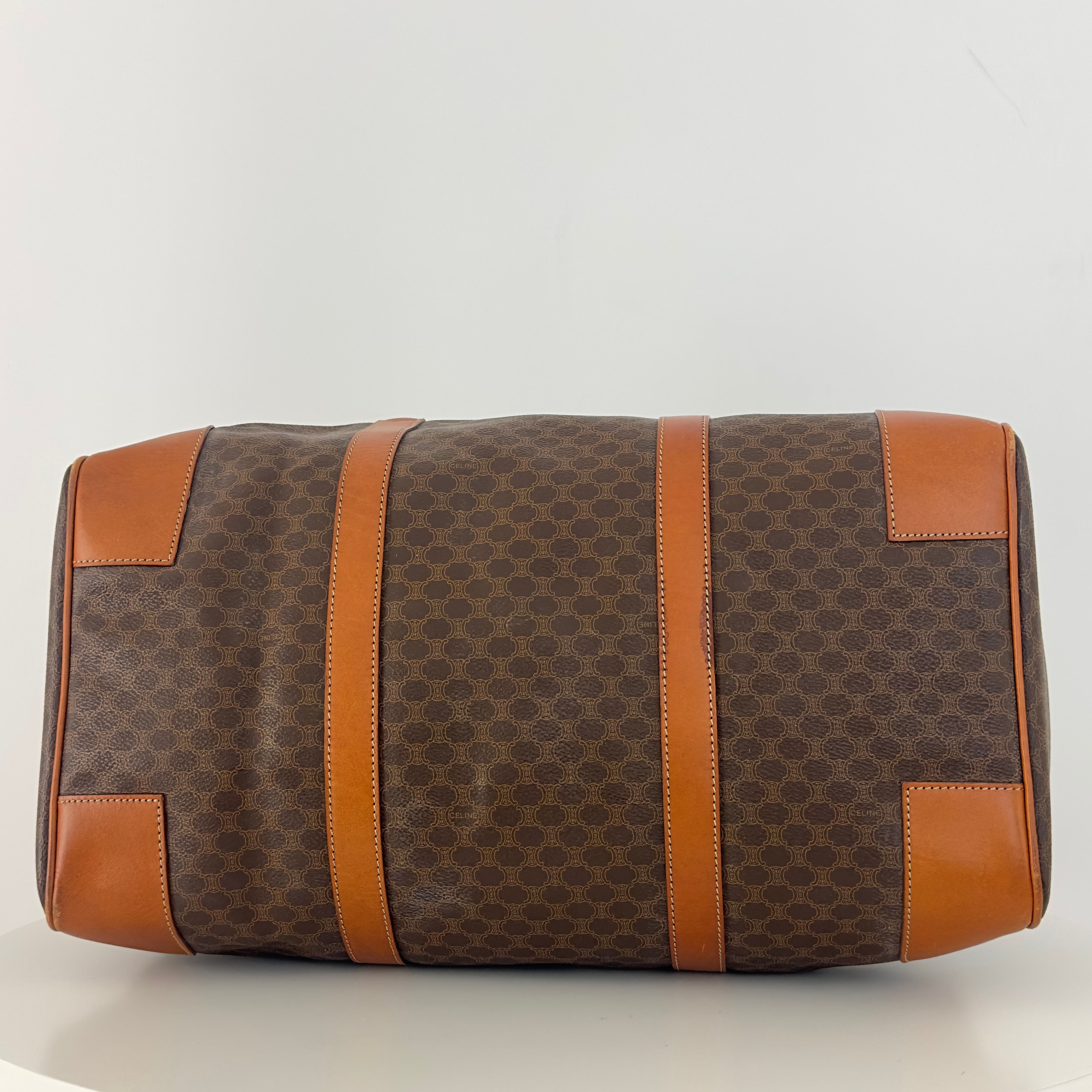 CELINE Boston canvas and brown leather handbag