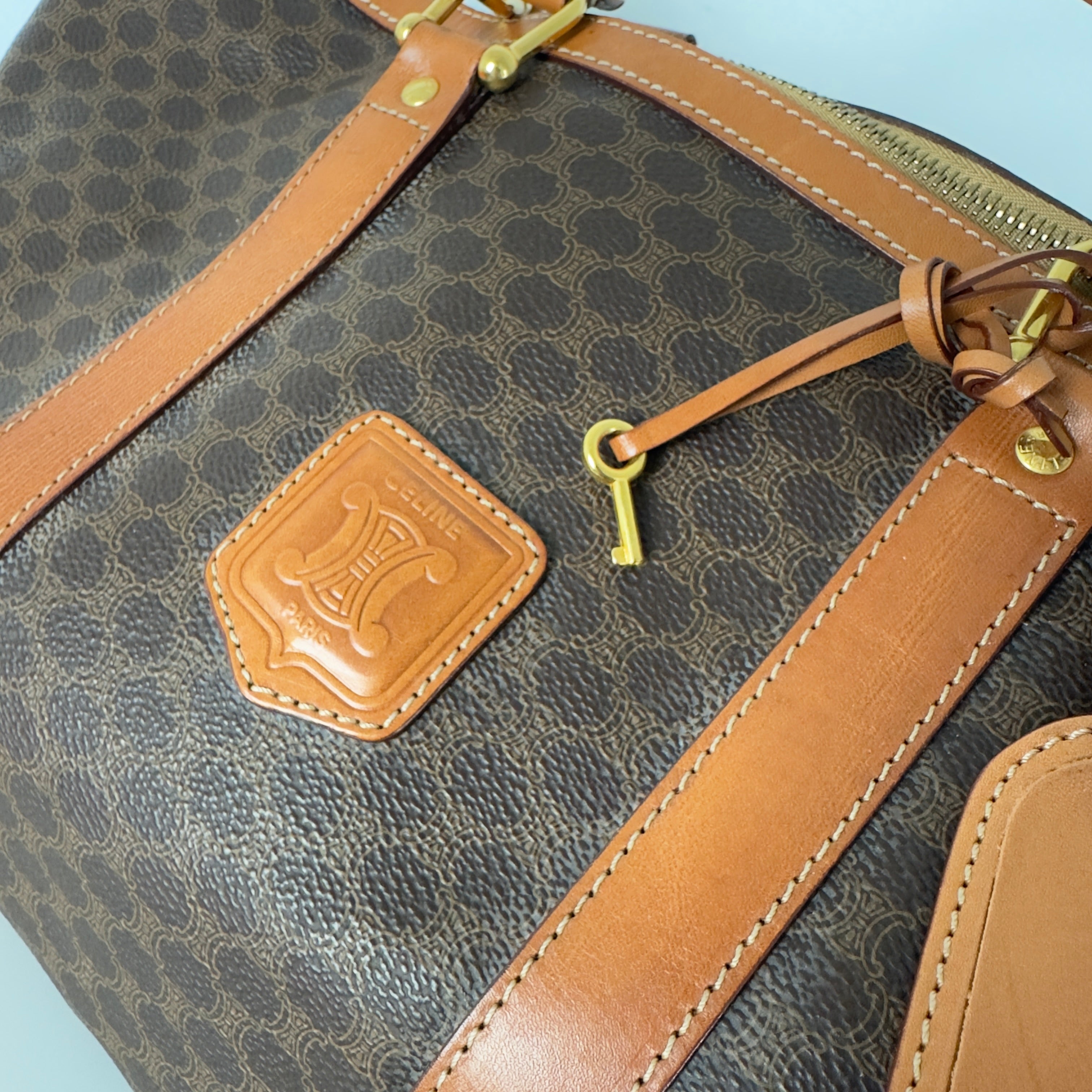 CELINE Boston canvas and brown leather handbag