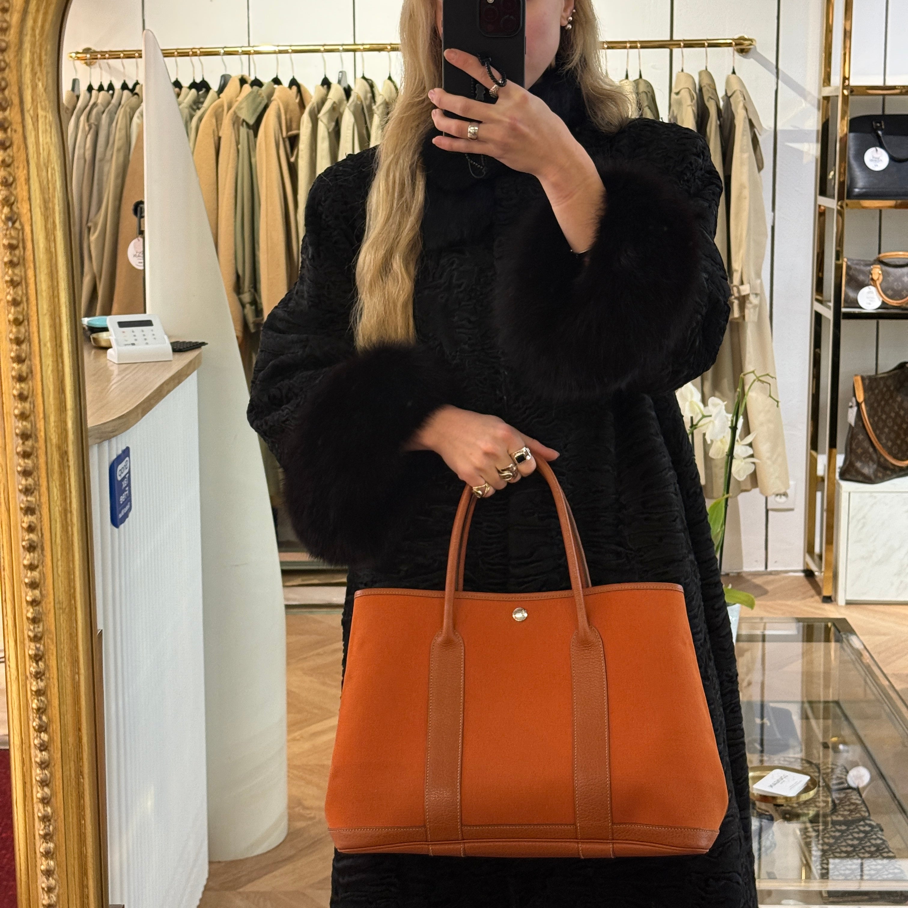 HERMÈS Garden Party handbag in orange canvas and leather