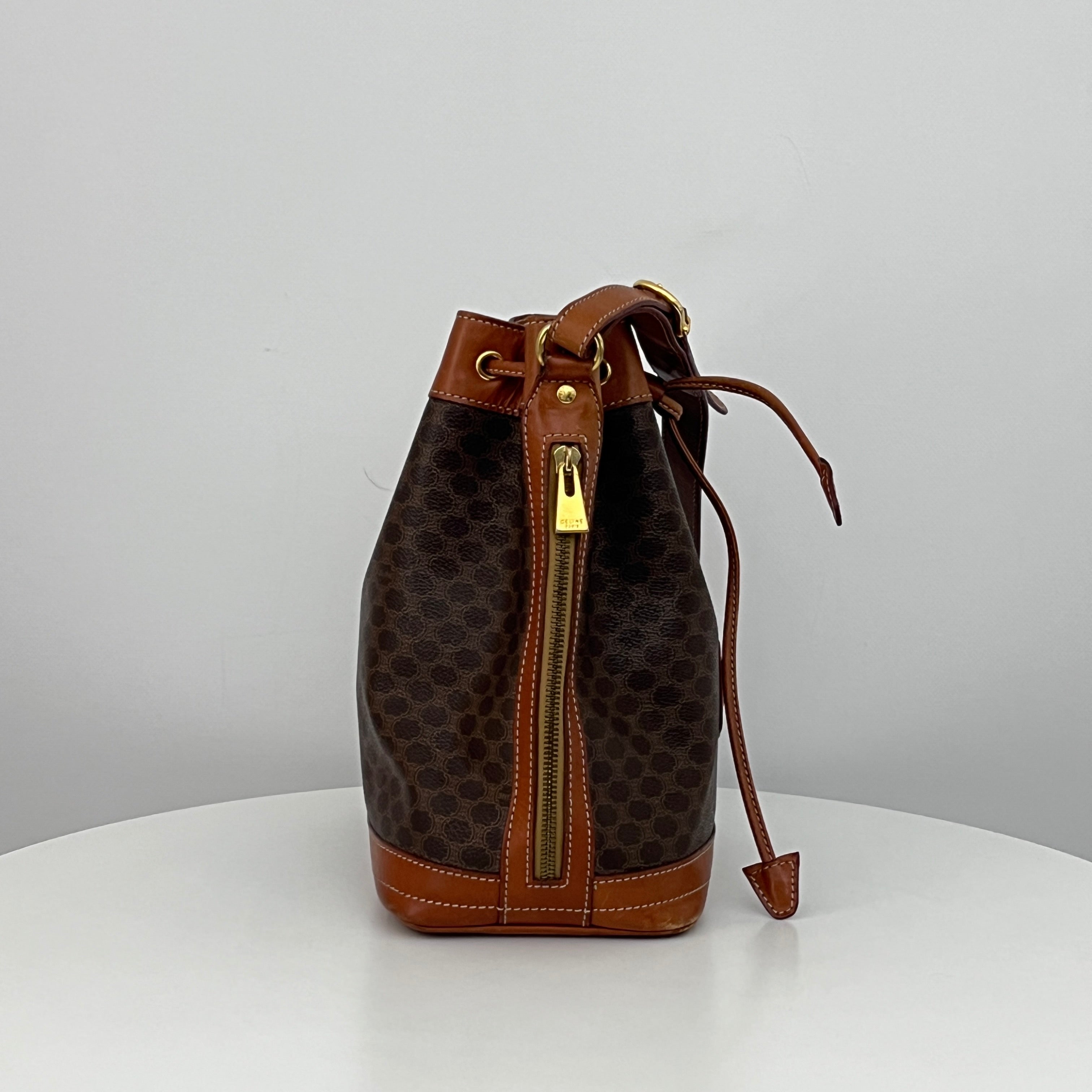 CELINE Small Bucket Shoulder Bag in Brown Canvas and Leather