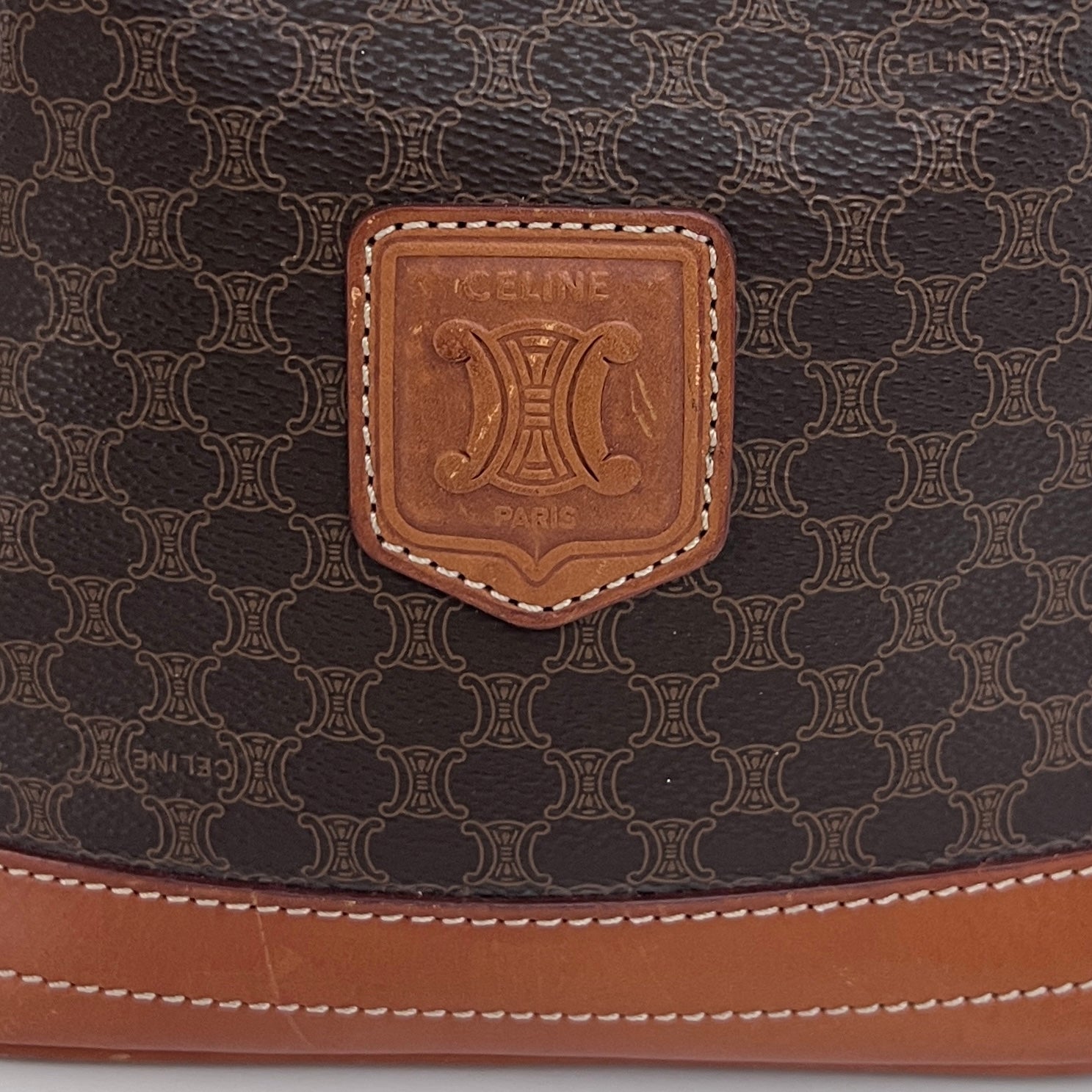 CELINE Small Bucket Shoulder Bag in Brown Canvas and Leather