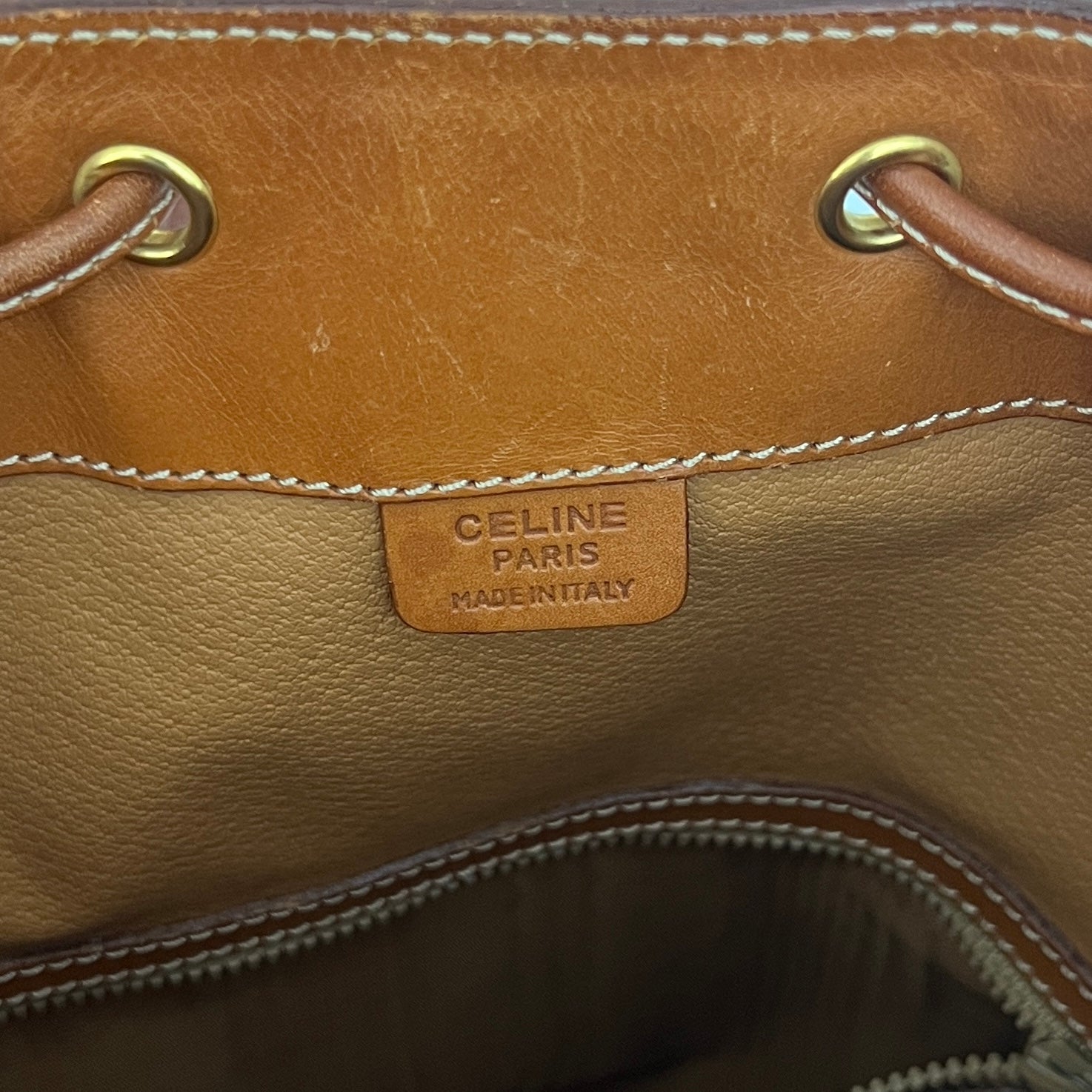 CELINE Small Bucket Shoulder Bag in Brown Canvas and Leather