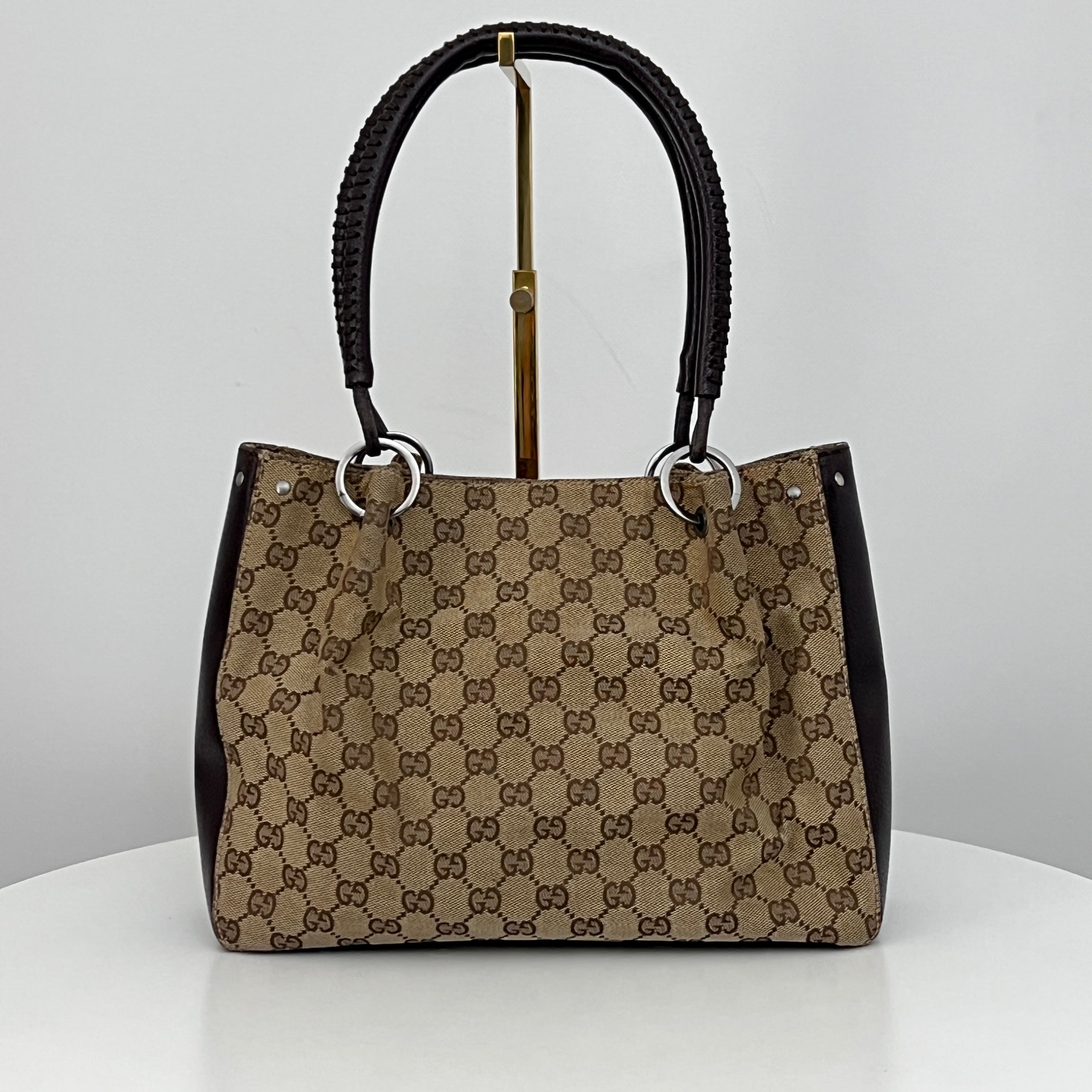 GUCCI Brown Canvas and Leather Hobo Bag