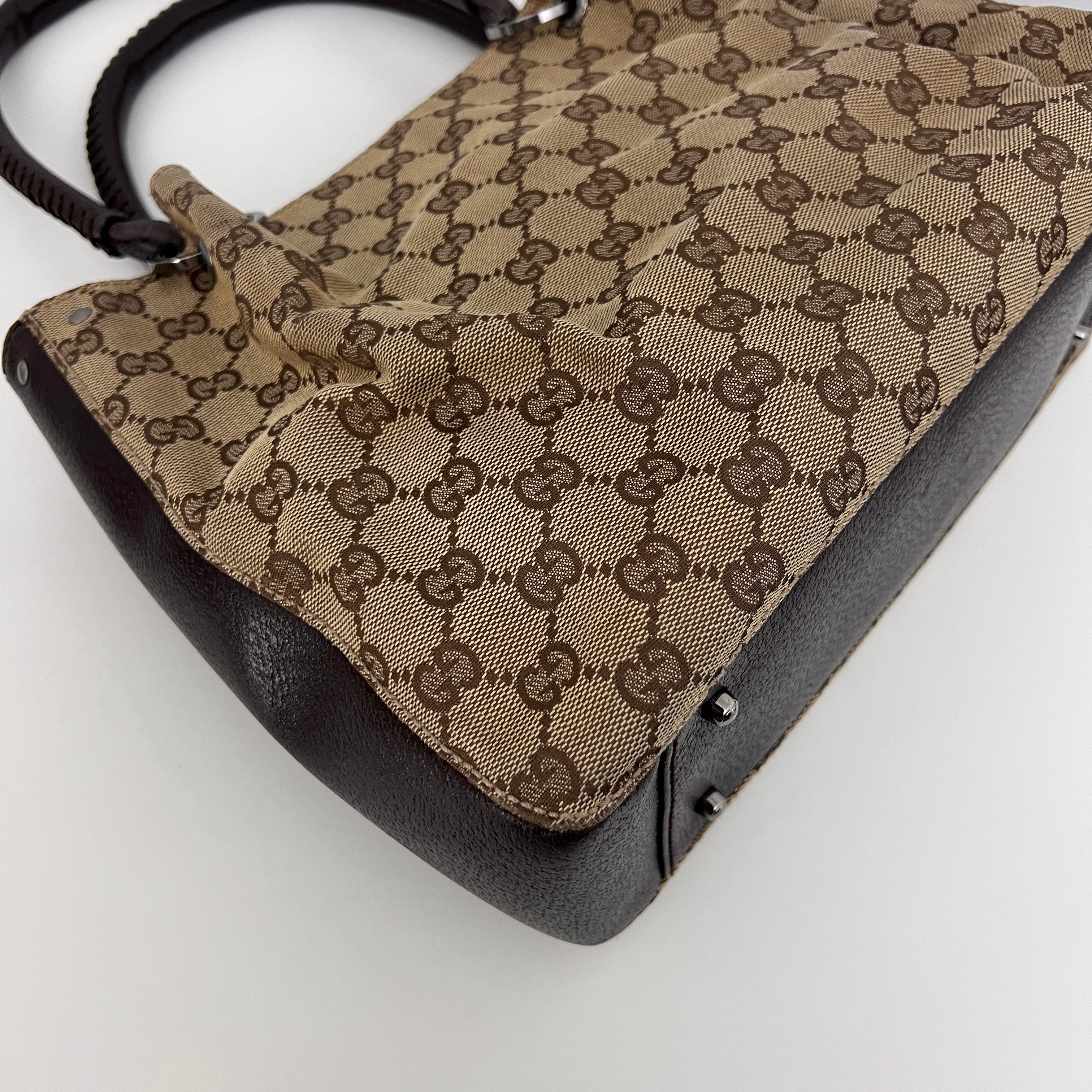 GUCCI Brown Canvas and Leather Hobo Bag