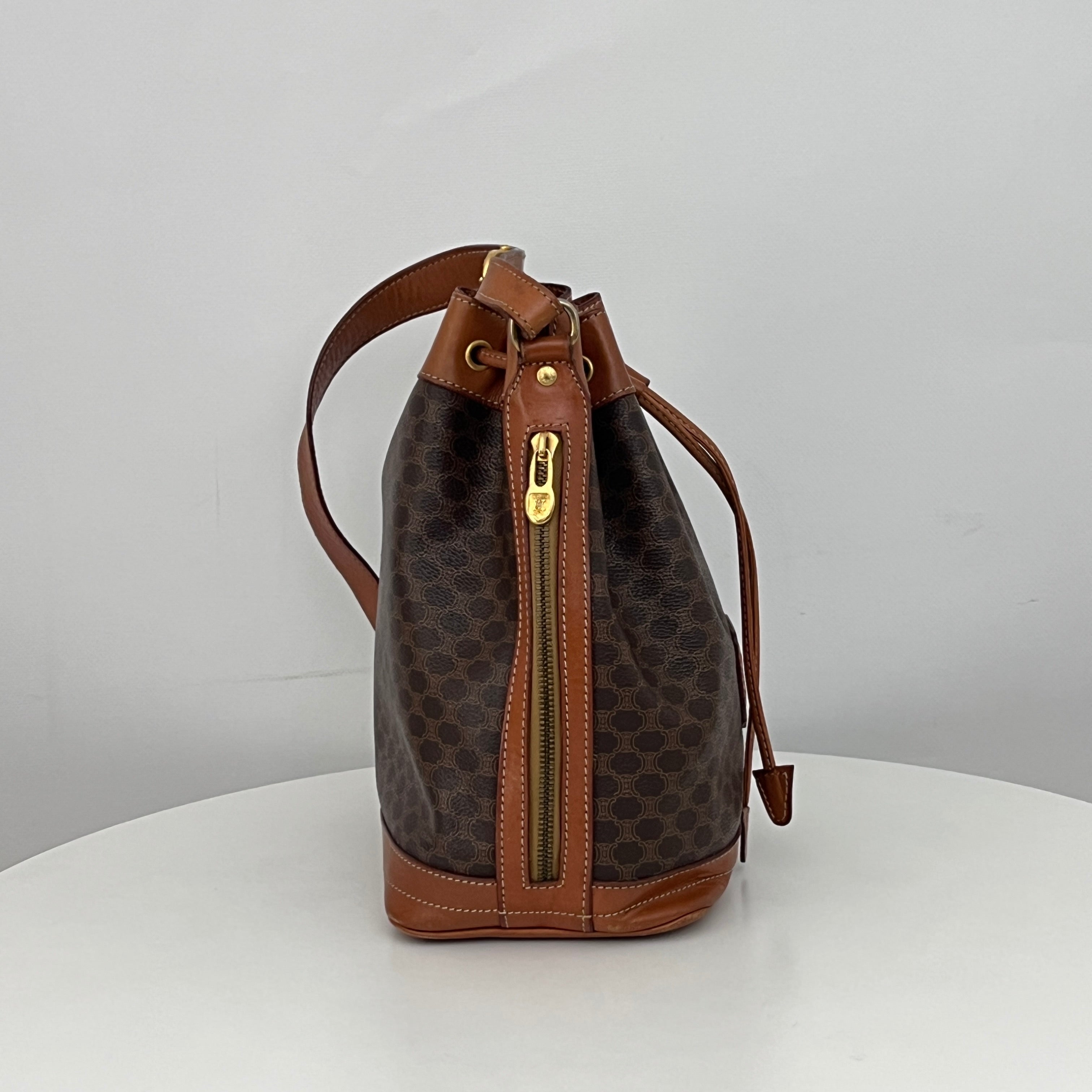 Sac à bandoulière CELINE Seau Petit toile et cuir marron