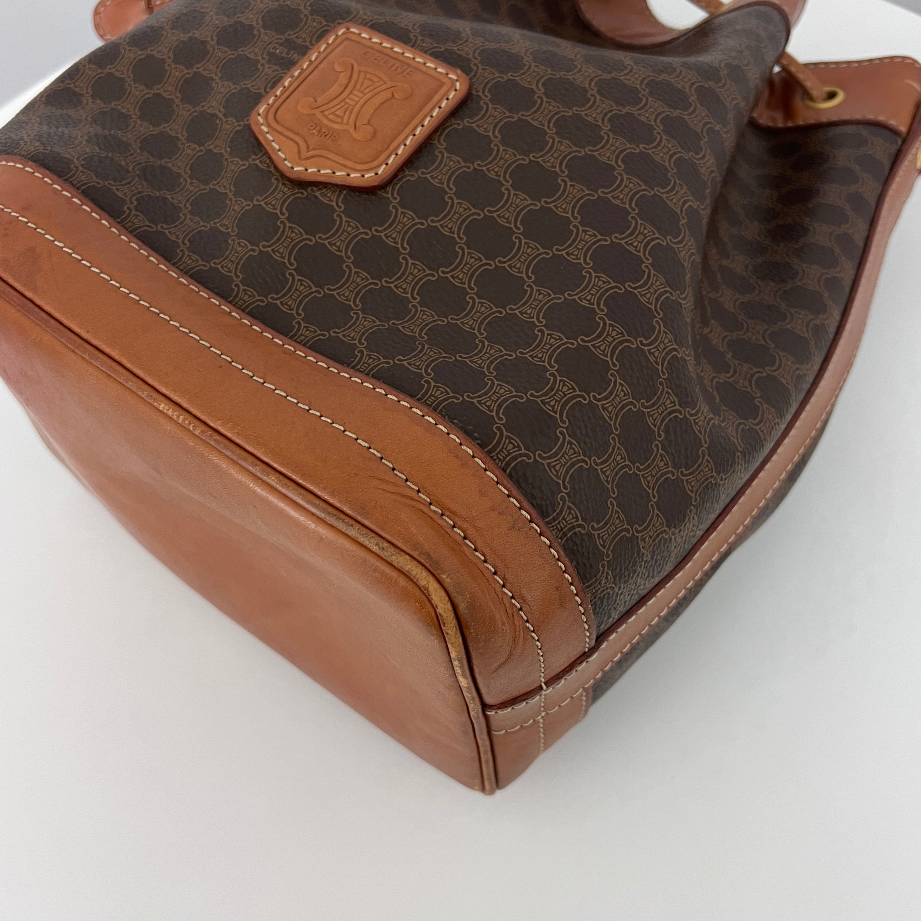 Sac à bandoulière CELINE Seau Petit toile et cuir marron