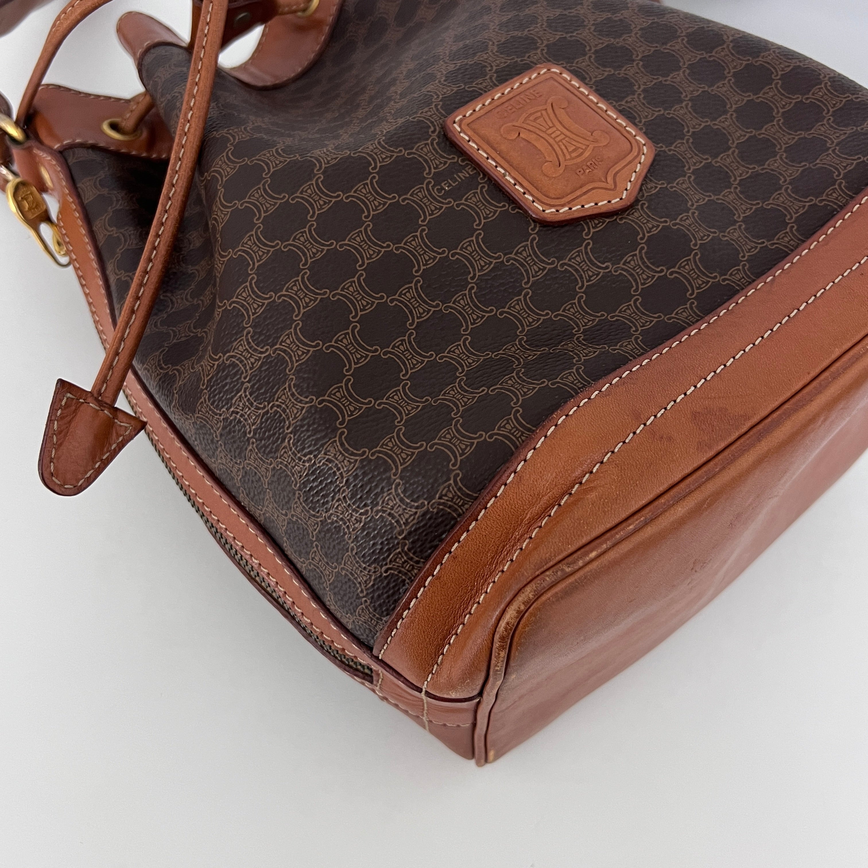 Sac à bandoulière CELINE Seau Petit toile et cuir marron