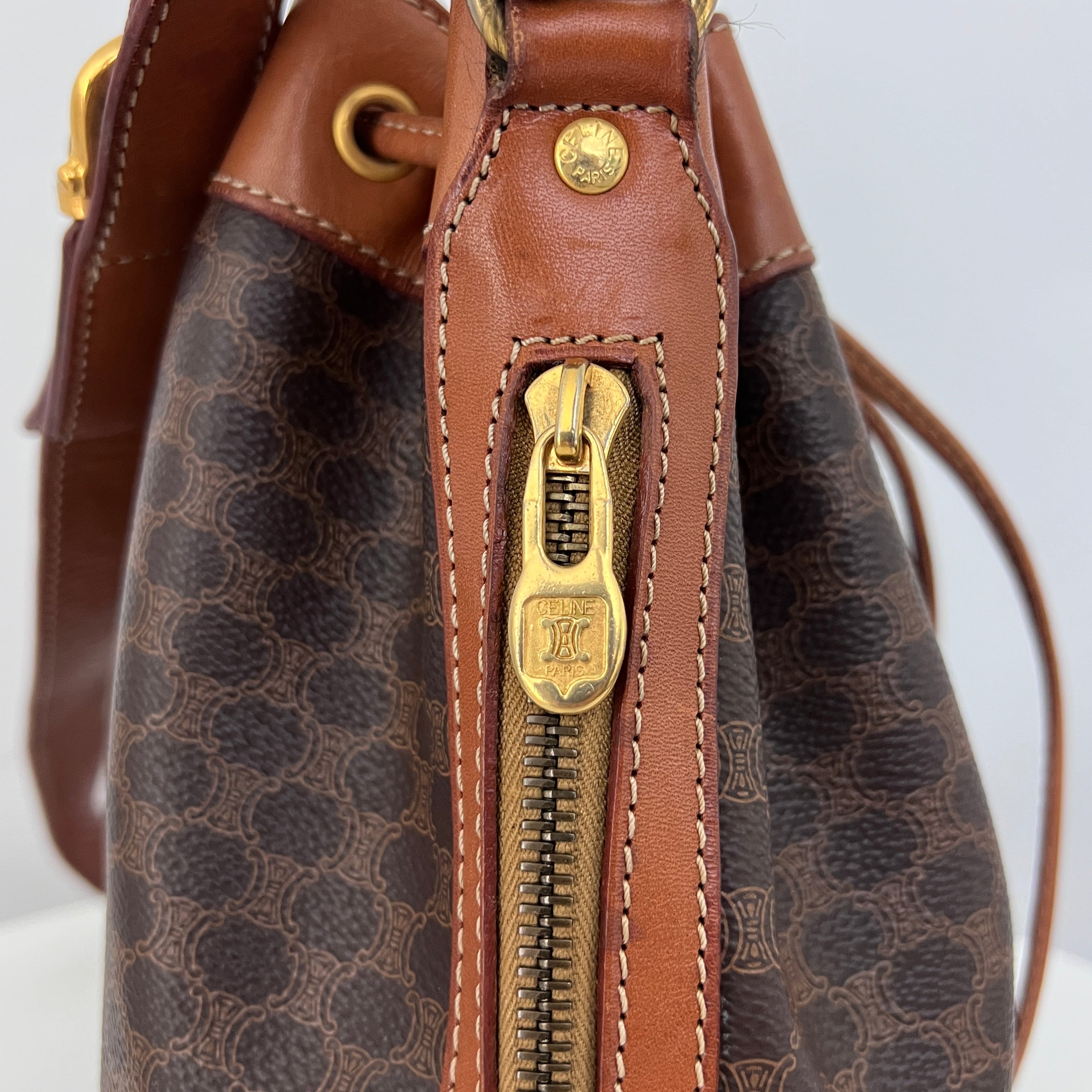 Sac à bandoulière CELINE Seau Petit toile et cuir marron