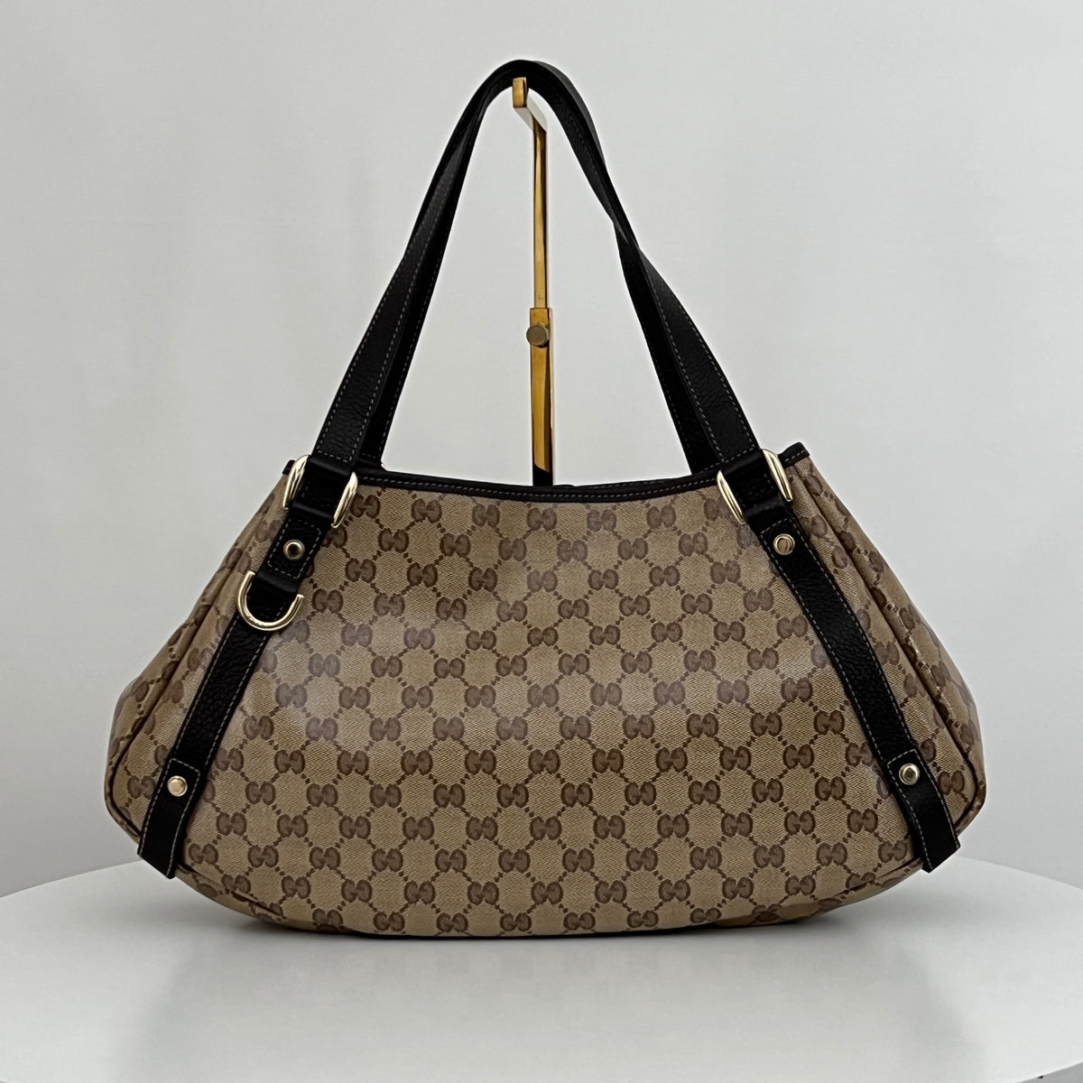 GUCCI Pelham bag in patent canvas and brown leather