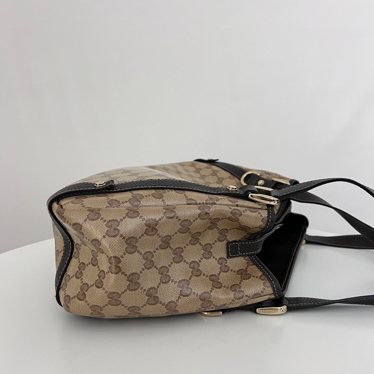 GUCCI Pelham bag in patent canvas and brown leather