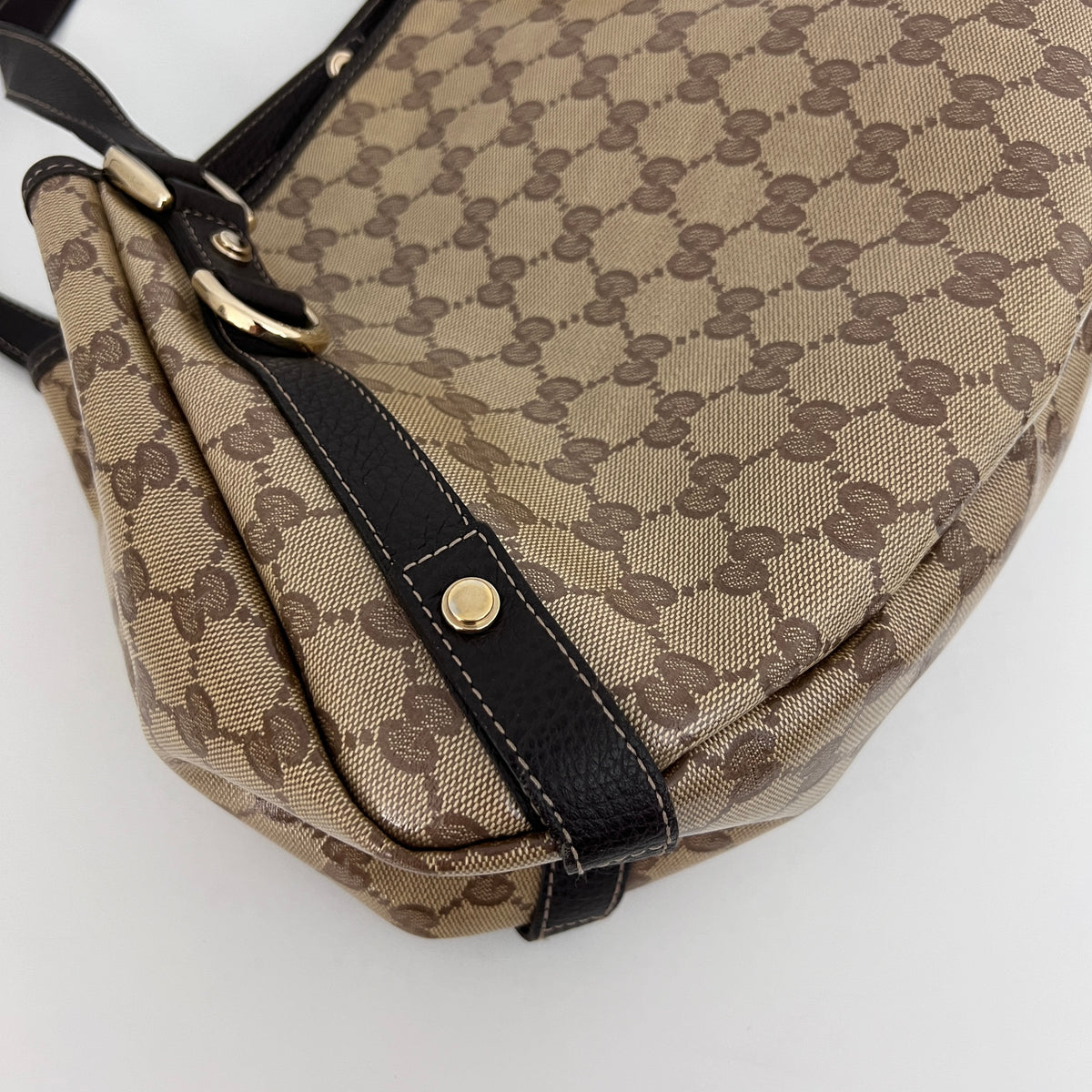 GUCCI Pelham bag in patent canvas and brown leather