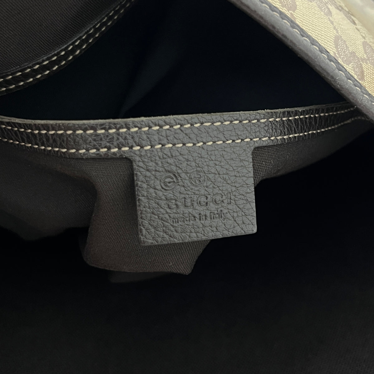 GUCCI Pelham bag in patent canvas and brown leather
