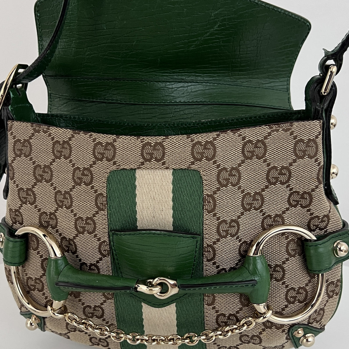 Sac GUCCI Horsebit toile et cuir vert