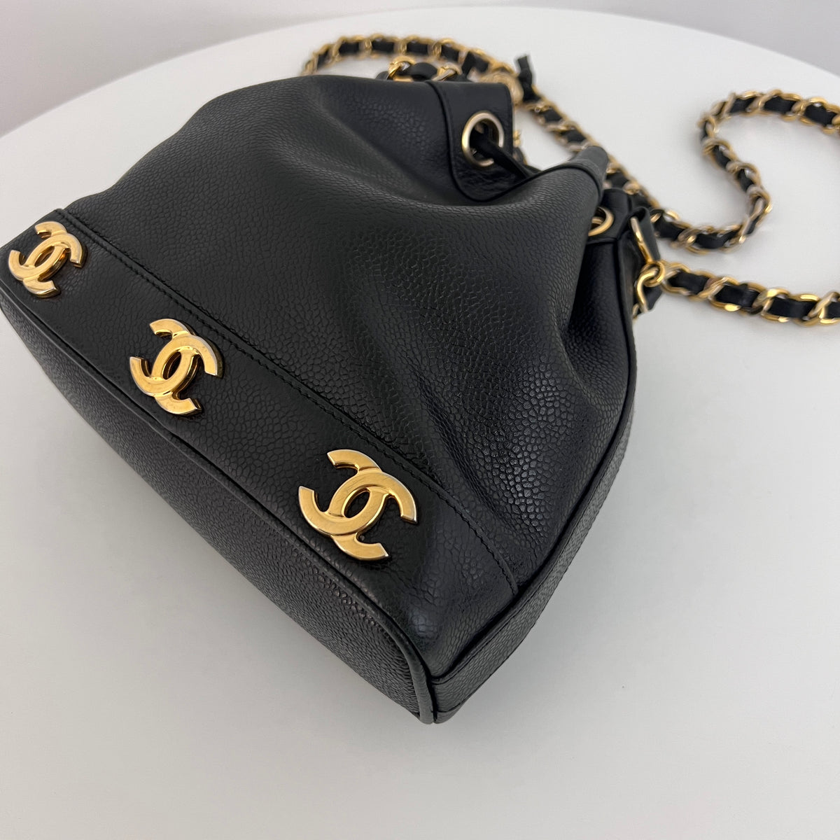 Vintage 1996-1997 CHANEL black lambskin mini bucket bag
