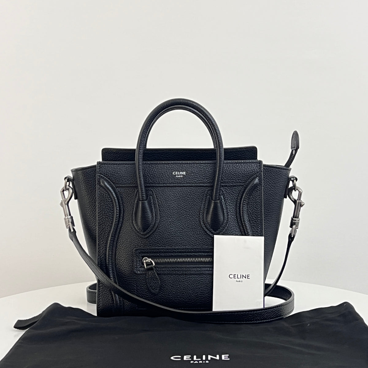 CELINE Nano Luggage shoulder bag in black grained leather
