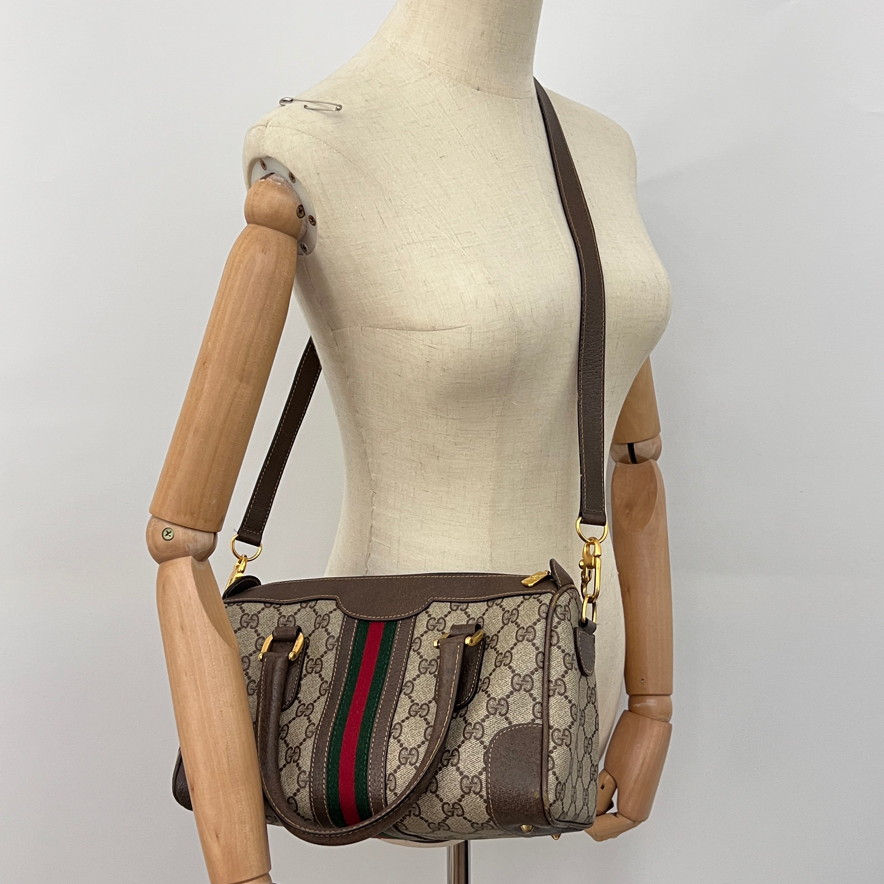 Sac à bandoulière GUCCI Boston GG toile et cuir marron