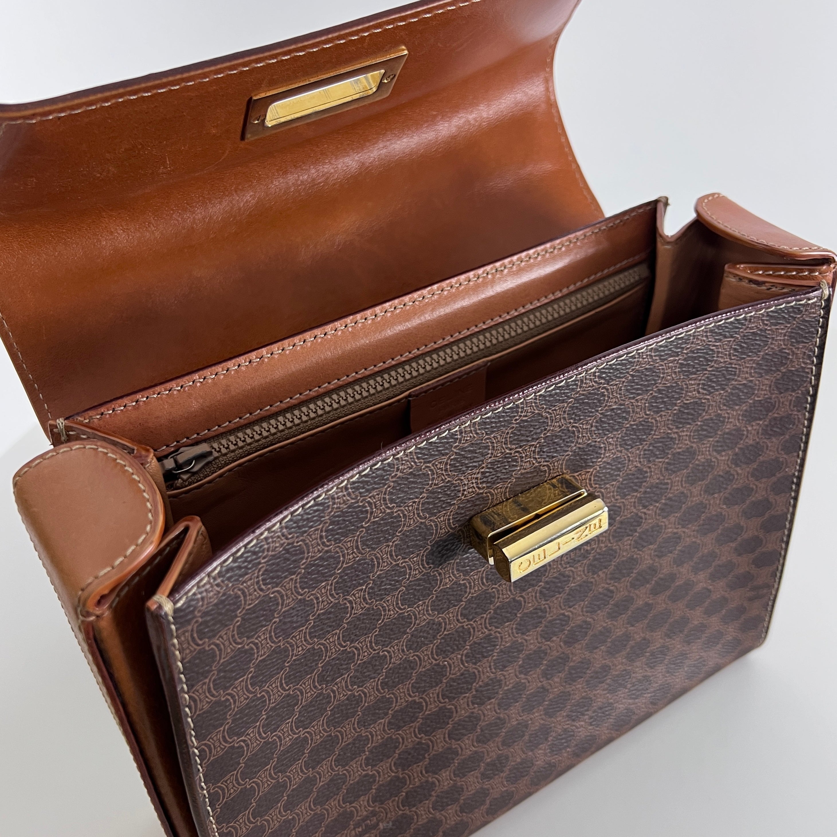 CELINE Top Handle handbag in brown canvas and leather