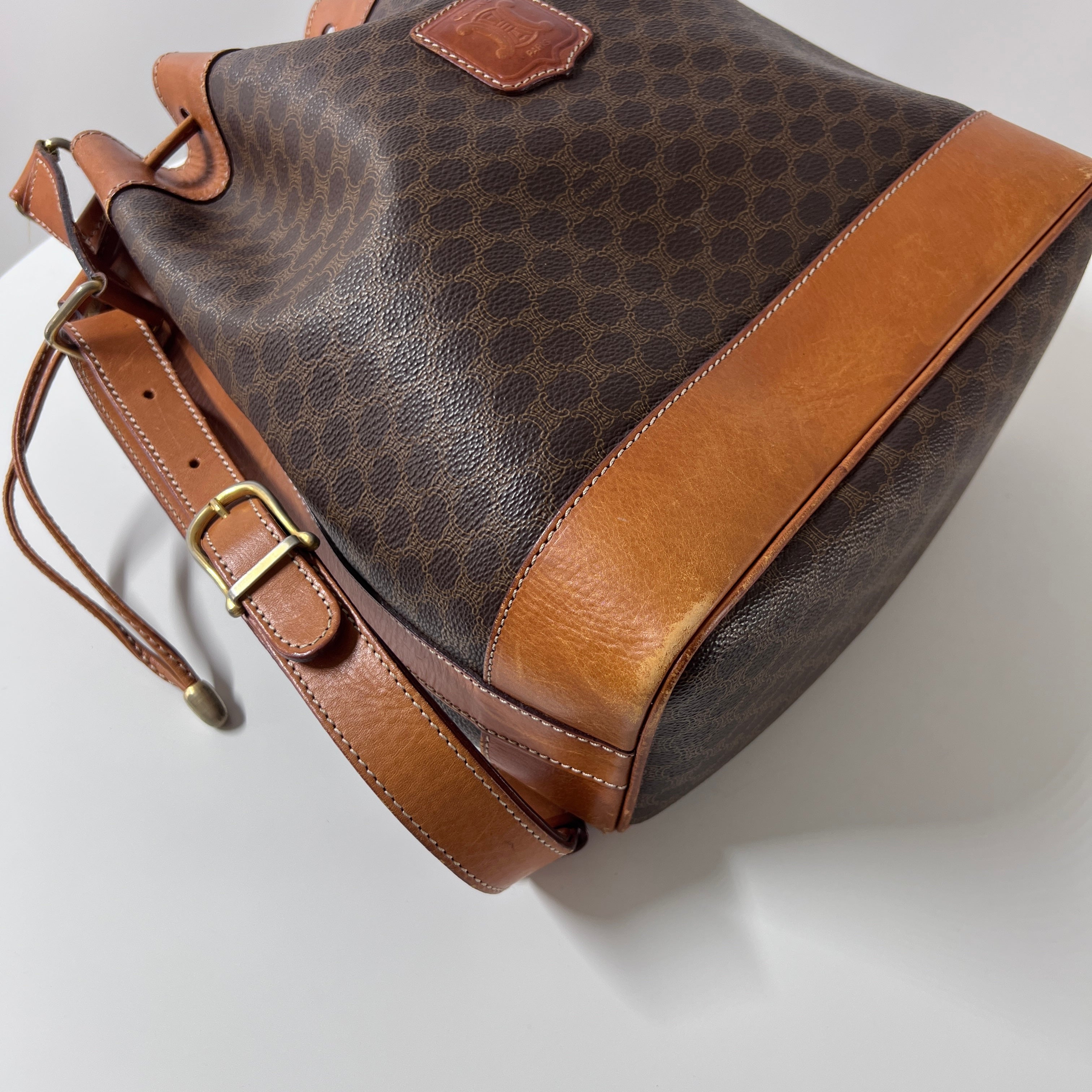 CELINE Bucket Bag canvas and brown leather handbag