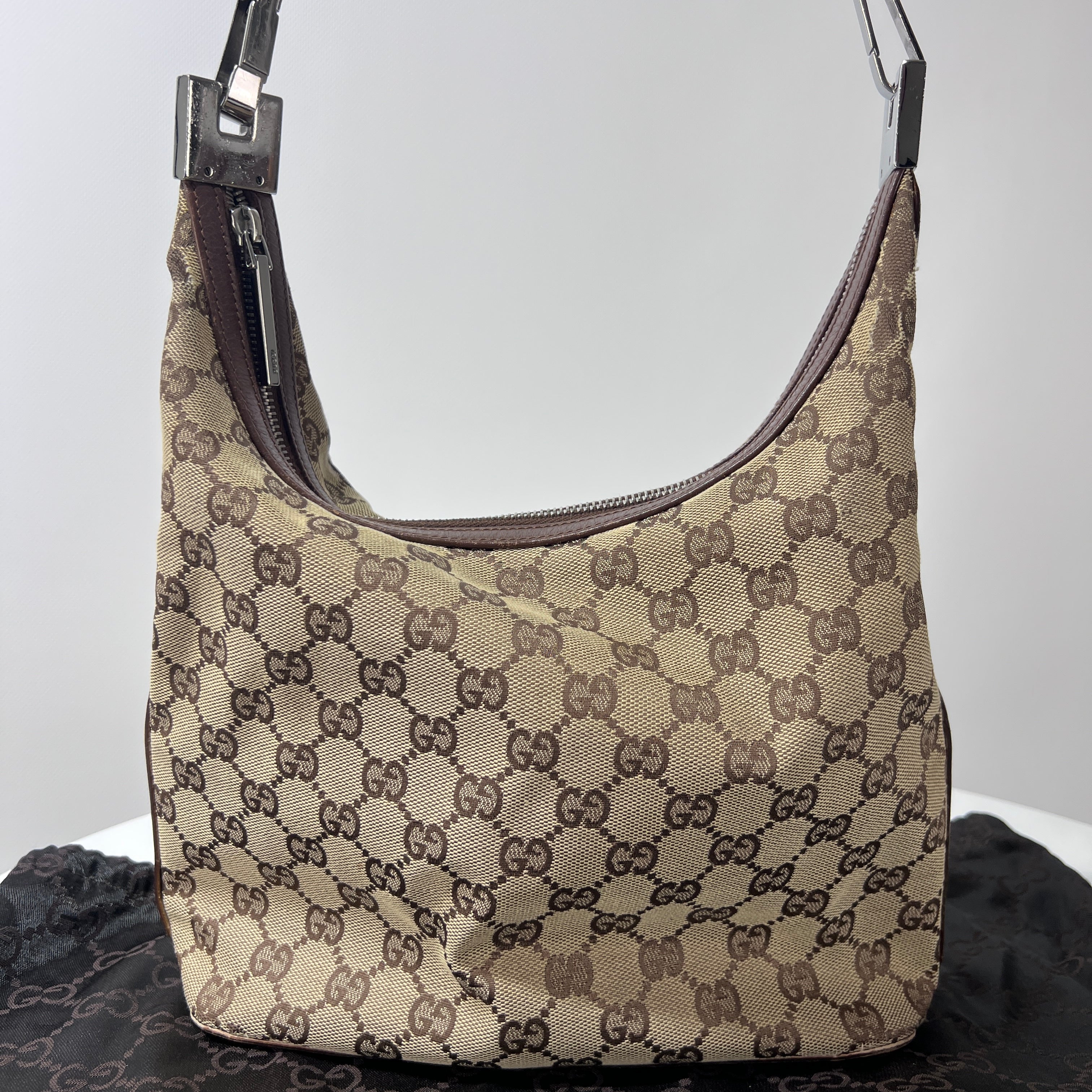 GUCCI Hobo handbag in brown canvas and leather