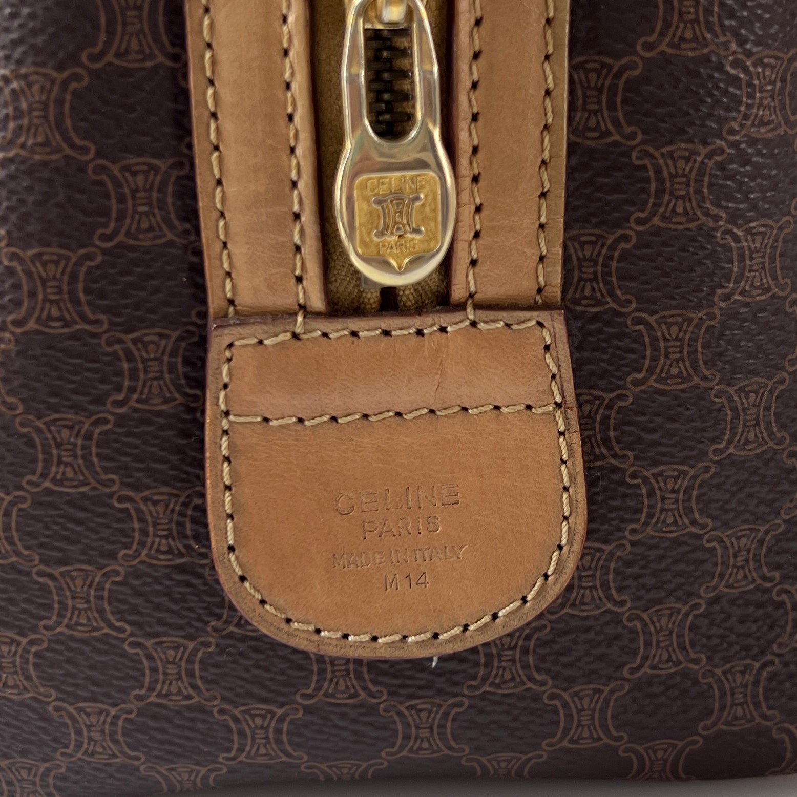 CELINE Boston Strap handbag in brown canvas and leather
